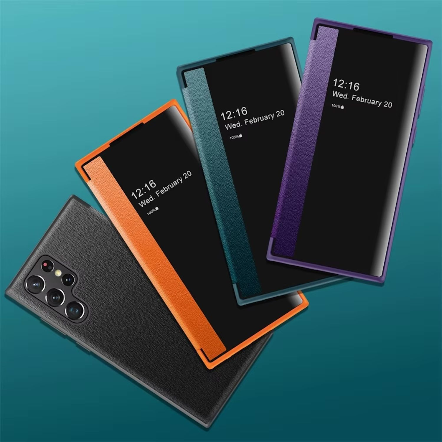 Drei Telefonhüllen in Schwarz, Orange, Blaugrün und Lila werden vor einem türkisfarbenen Hintergrund angezeigt.