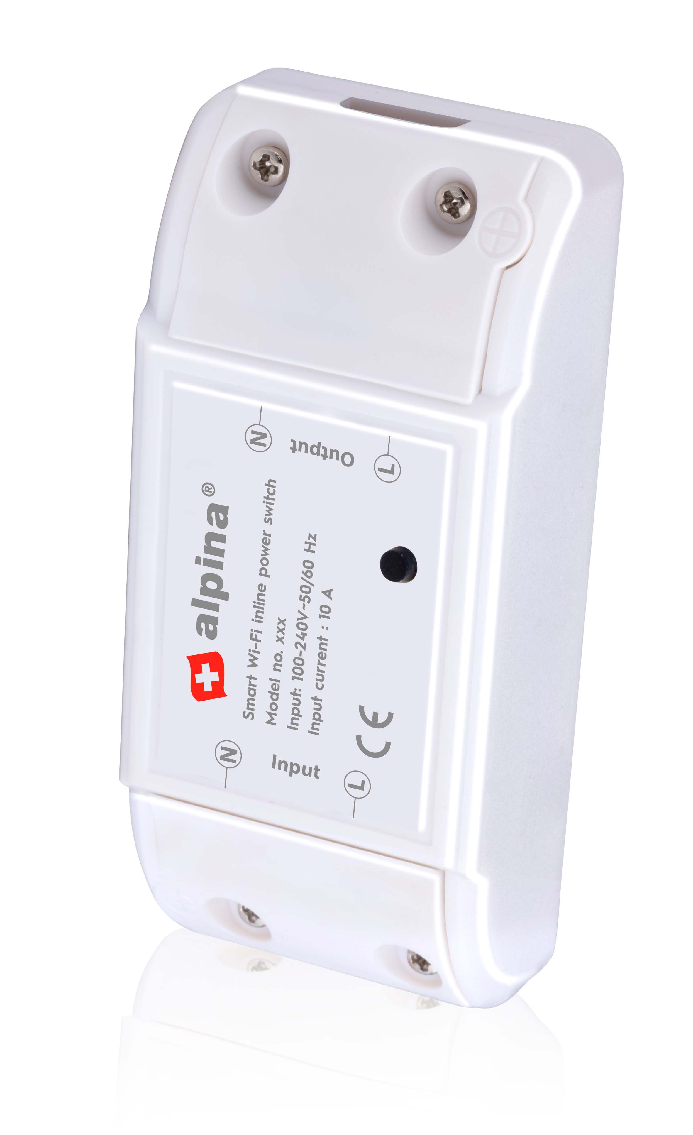 Interruttore di alimentazione in linea Wi-Fi intelligente bianco. L'interruttore ha un'etichetta con testo e una piccola luce nera.
