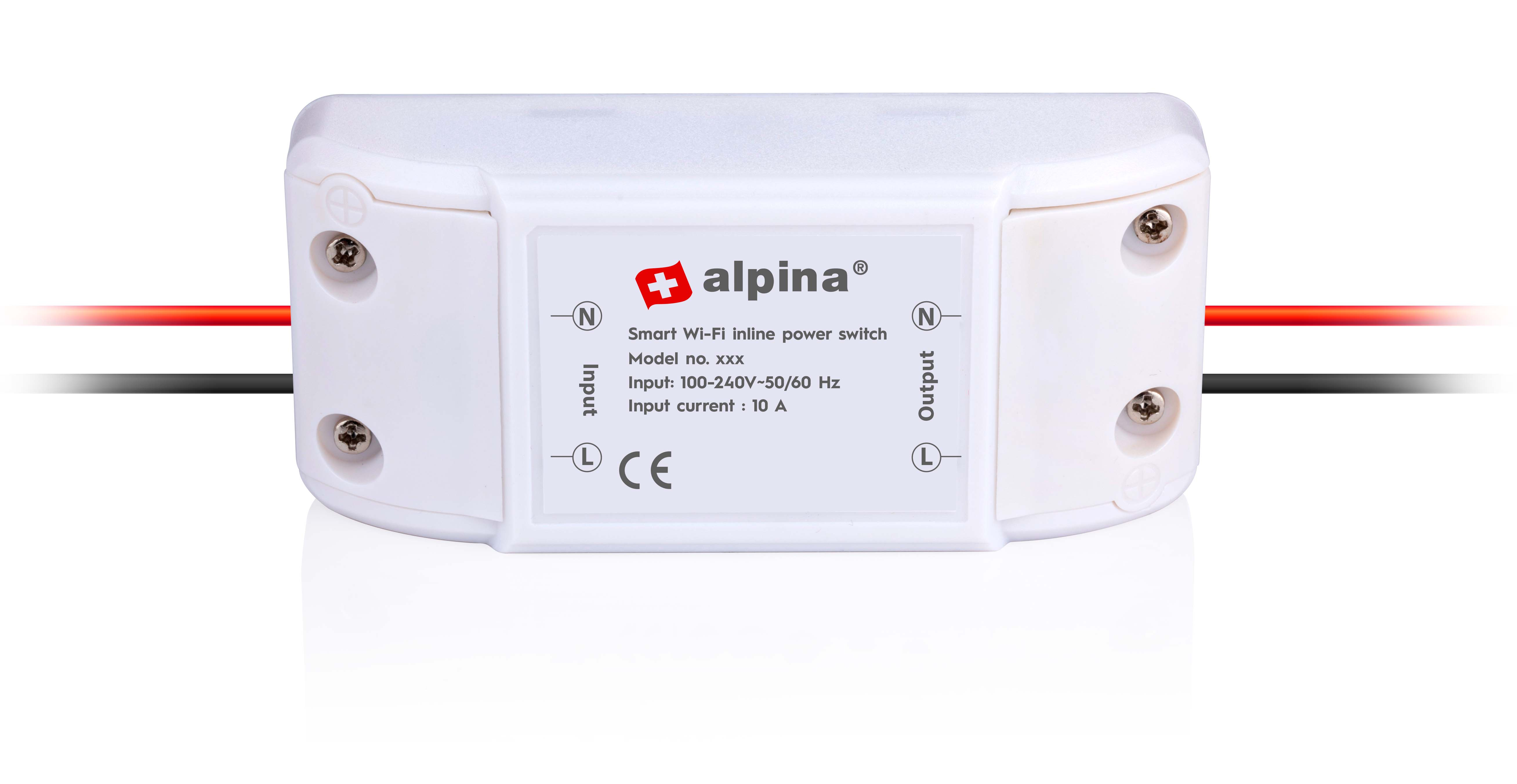 Interruttore di alimentazione in linea Wi-Fi intelligente bianco con testo sull'etichetta.
