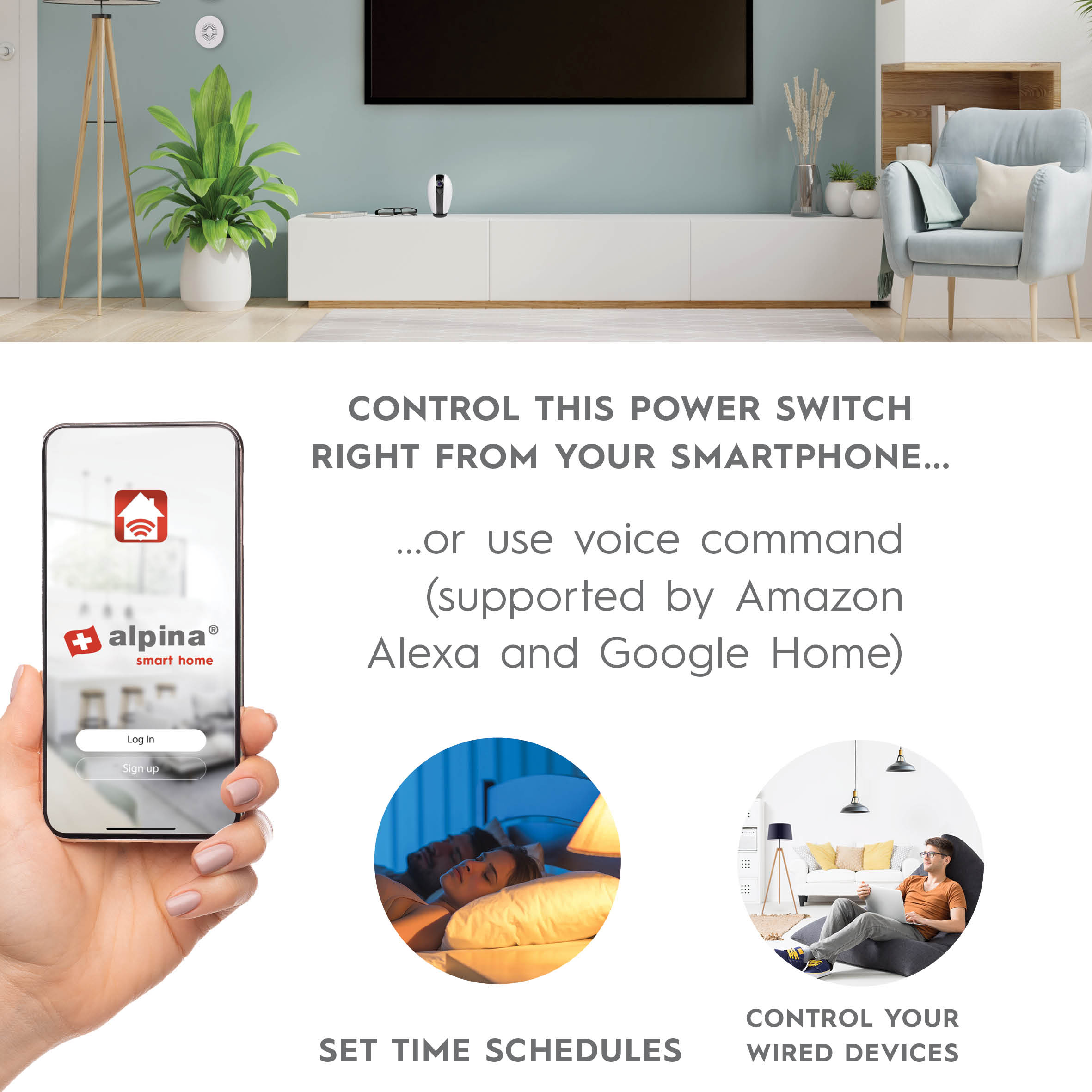 Smartphone con interfaccia app per la casa intelligente, con immagini di persone e domotica.