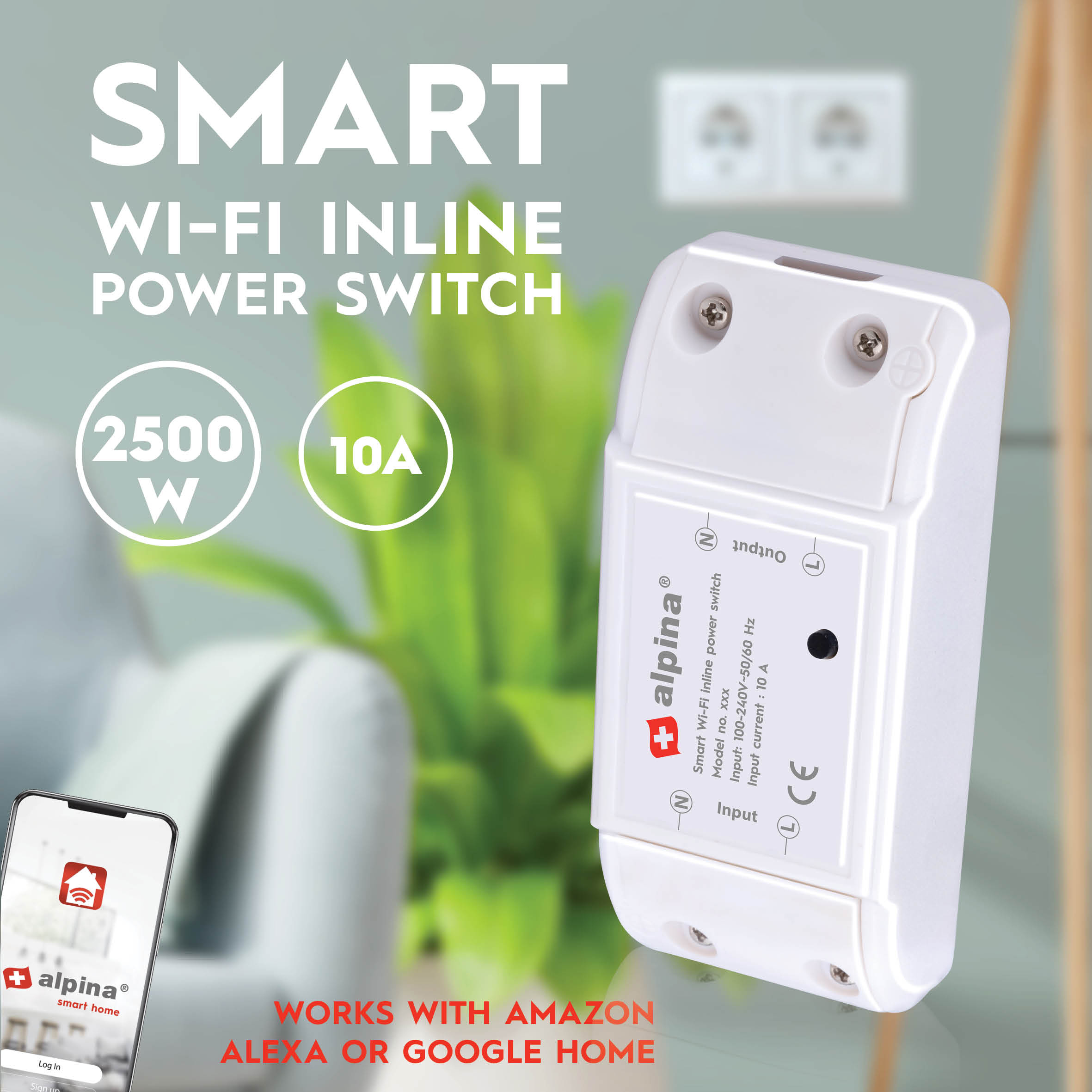 Interruttore di alimentazione inline Wi-Fi intelligente con telefono che mostra l'app.