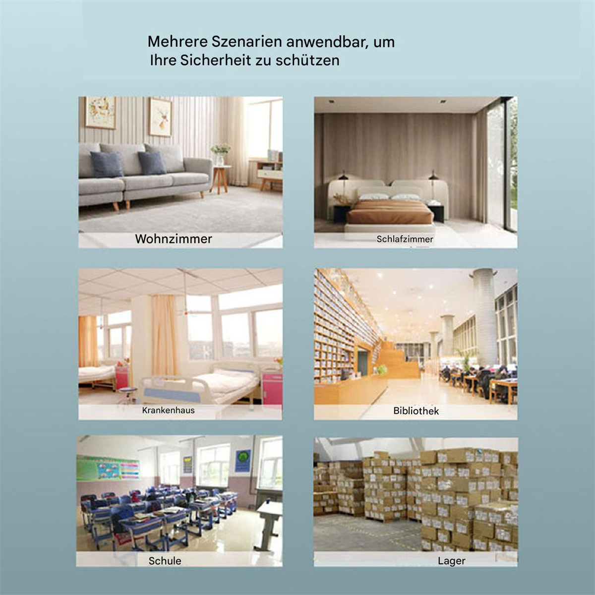 Bilder von verschiedenen Umgebungen: Wohnzimmer, Schlafzimmer, Krankenhaus, Bibliothek, Schule, Lager.