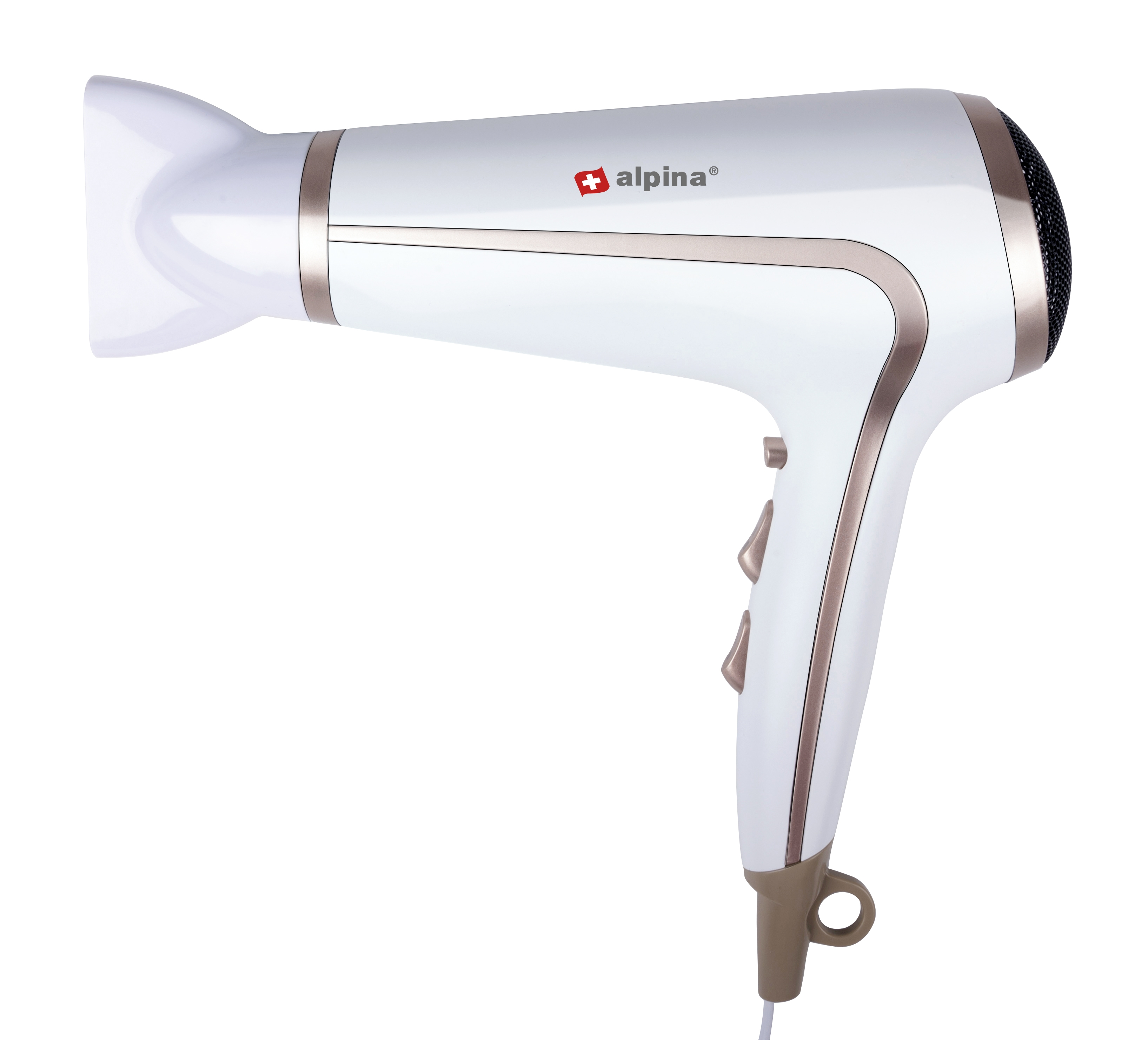Een witte en gouden haardroger met een witte achtergrond, zijaanzicht.