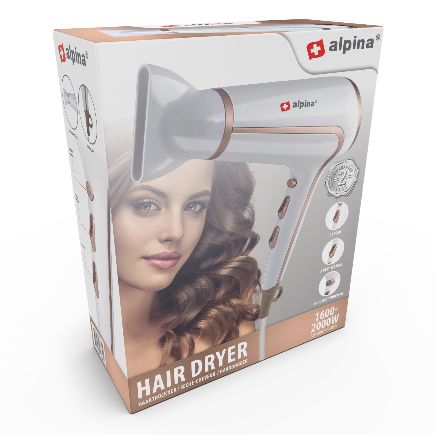 Afbeelding toont een haardroger met de doos. Het heeft een vrouwengezicht en de productnaam.