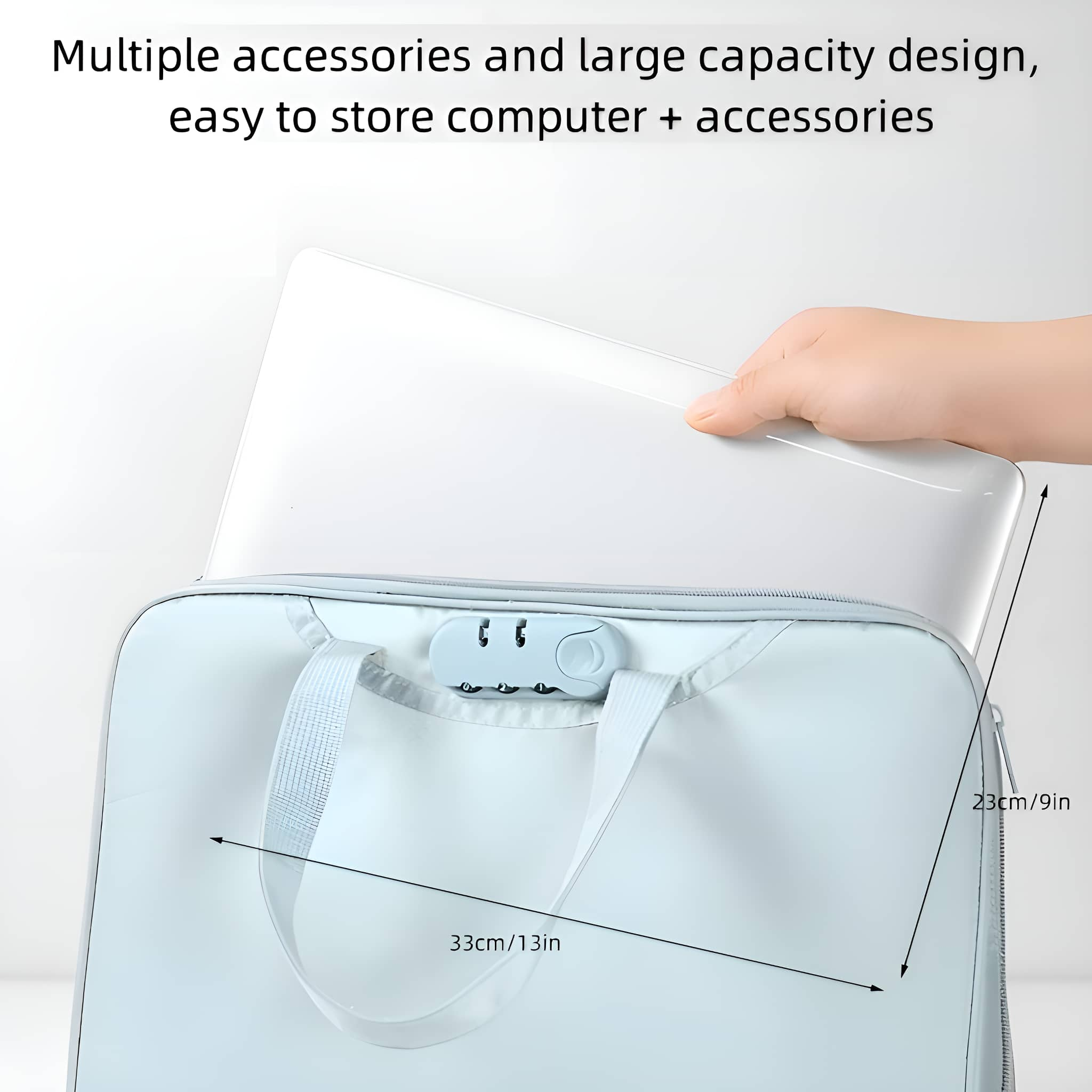 Eine Person hält eine Tasche. Ein Laptop befindet sich in der Tasche. Die Tasche ist offen. Sie hat ein Schloss und einen Griff.