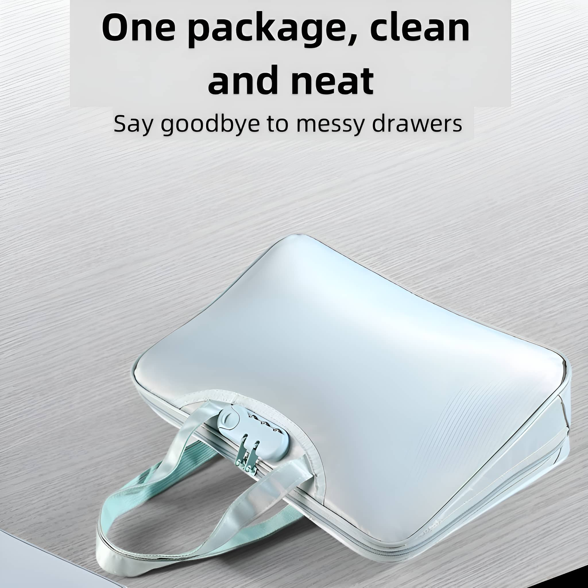 Weiße, abschließbare Tasche mit tealfarbenem Griff auf hellgrauer Oberfläche. Text: 'One package, clean and neat'.