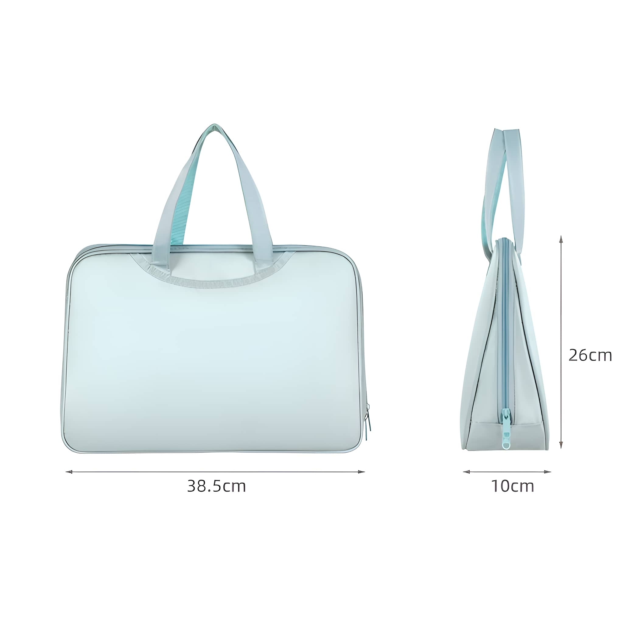 Hellblaue Tasche mit zwei Griffen, Abmessungen werden mit Pfeilen angezeigt.