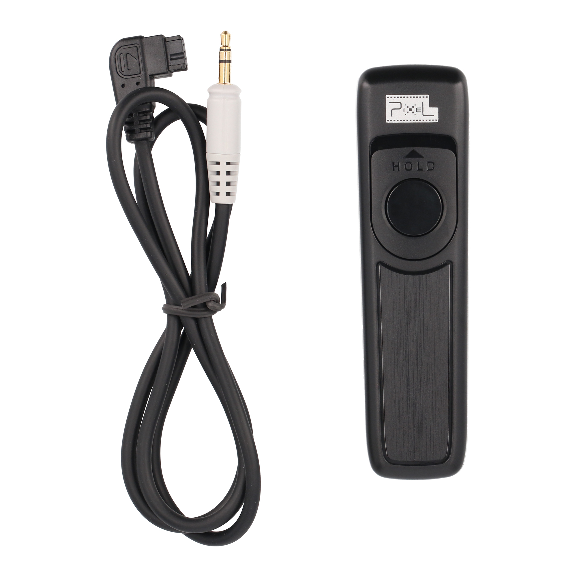 Eine schwarze Fernbedienung und ein Kabel mit Anschlüssen. Die Fernbedienung hat eine Hold-Taste.
