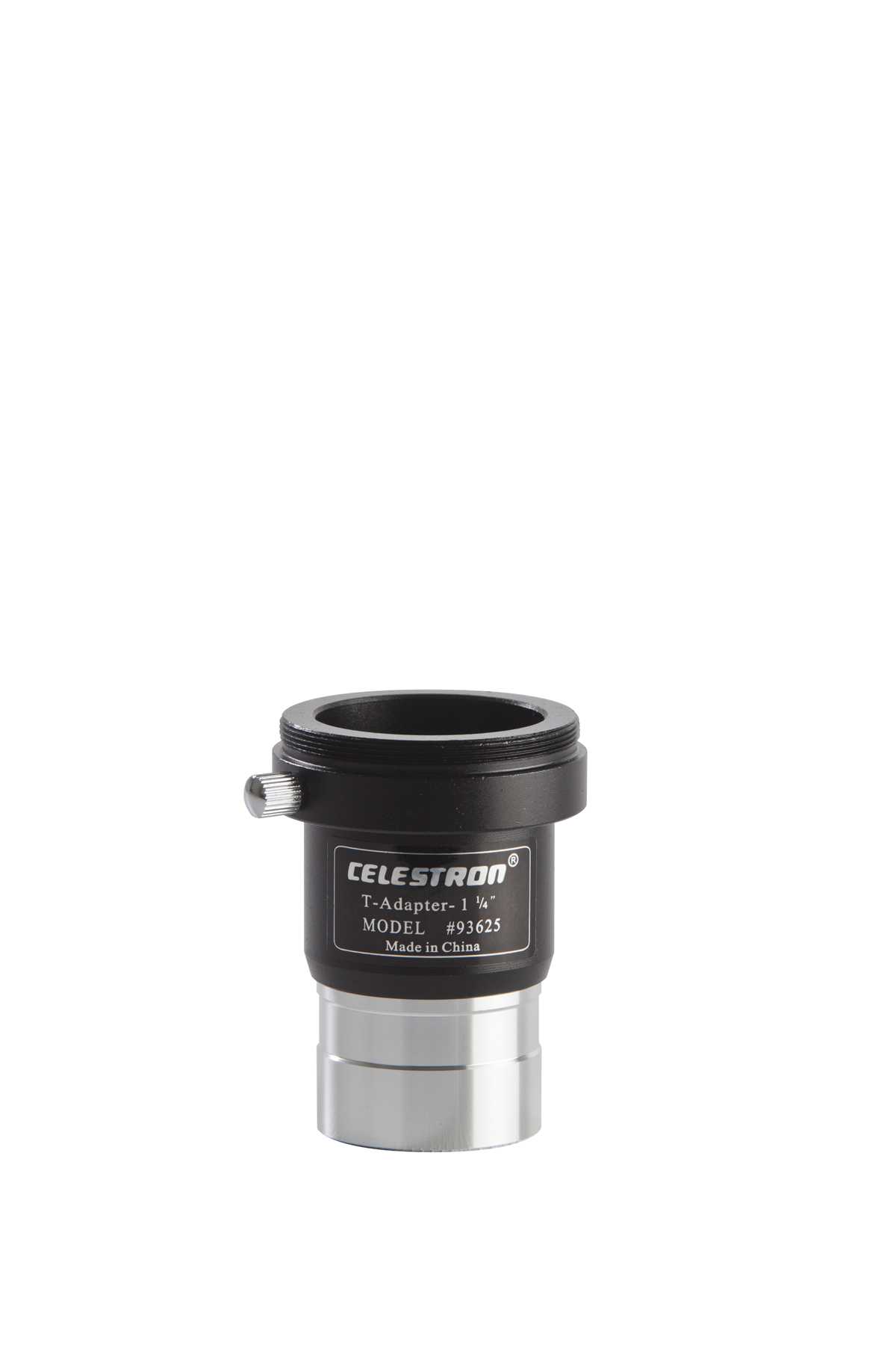Ein schwarzer Celestron T-Adapter für ein Teleskop, vor weißem Hintergrund.