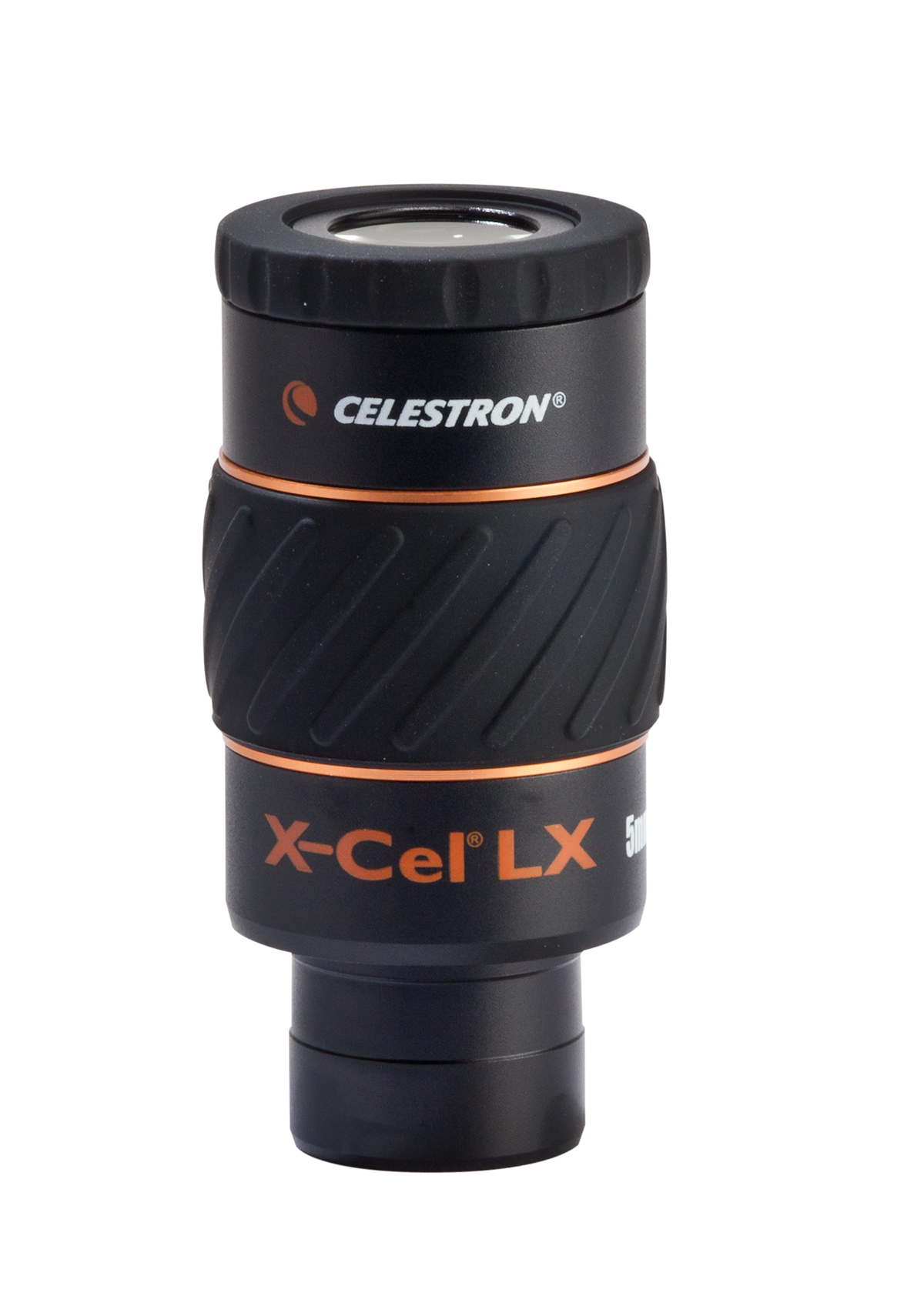 Schwarzes und orangefarbenes Teleskopokular. Auf dem Okular steht Celestron und X-Cel LX.