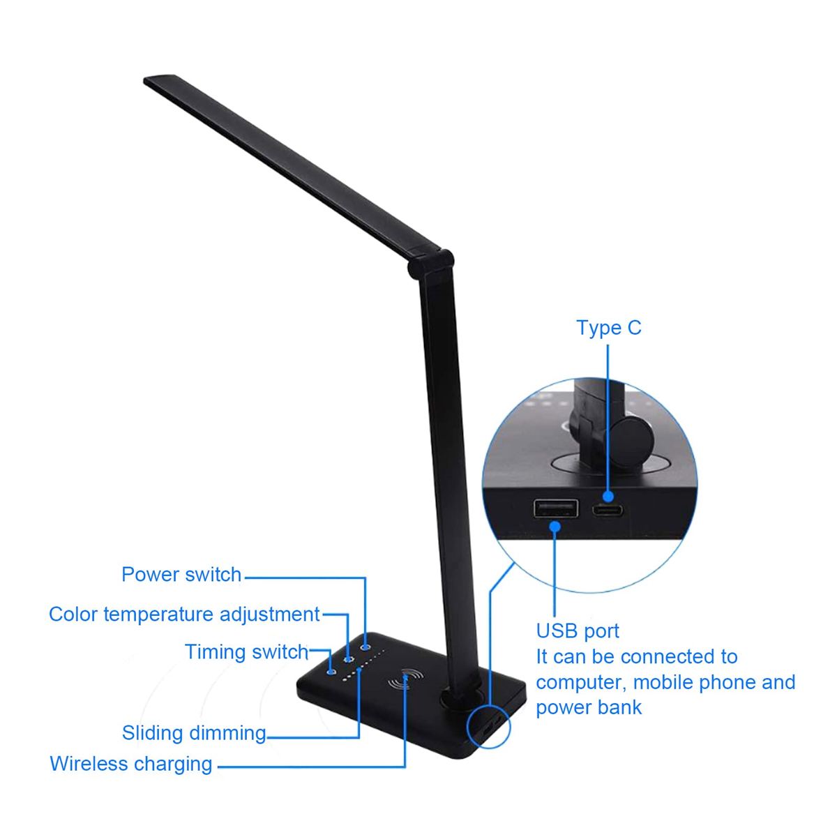 Schwarze Schreibtischlampe mit Einstellungen, kabellosem Laden und USB-Anschluss. Weißer Hintergrund.