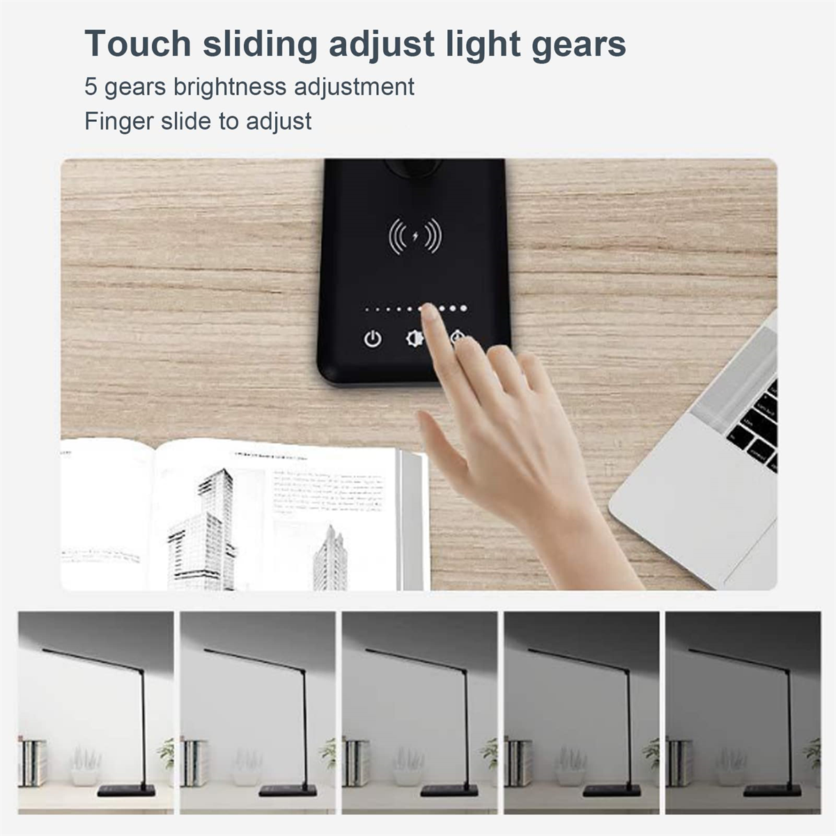 Eine Hand, die eine Schreibtischlampe einstellt. Die Lampe hat fünf Helligkeitseinstellungen.
