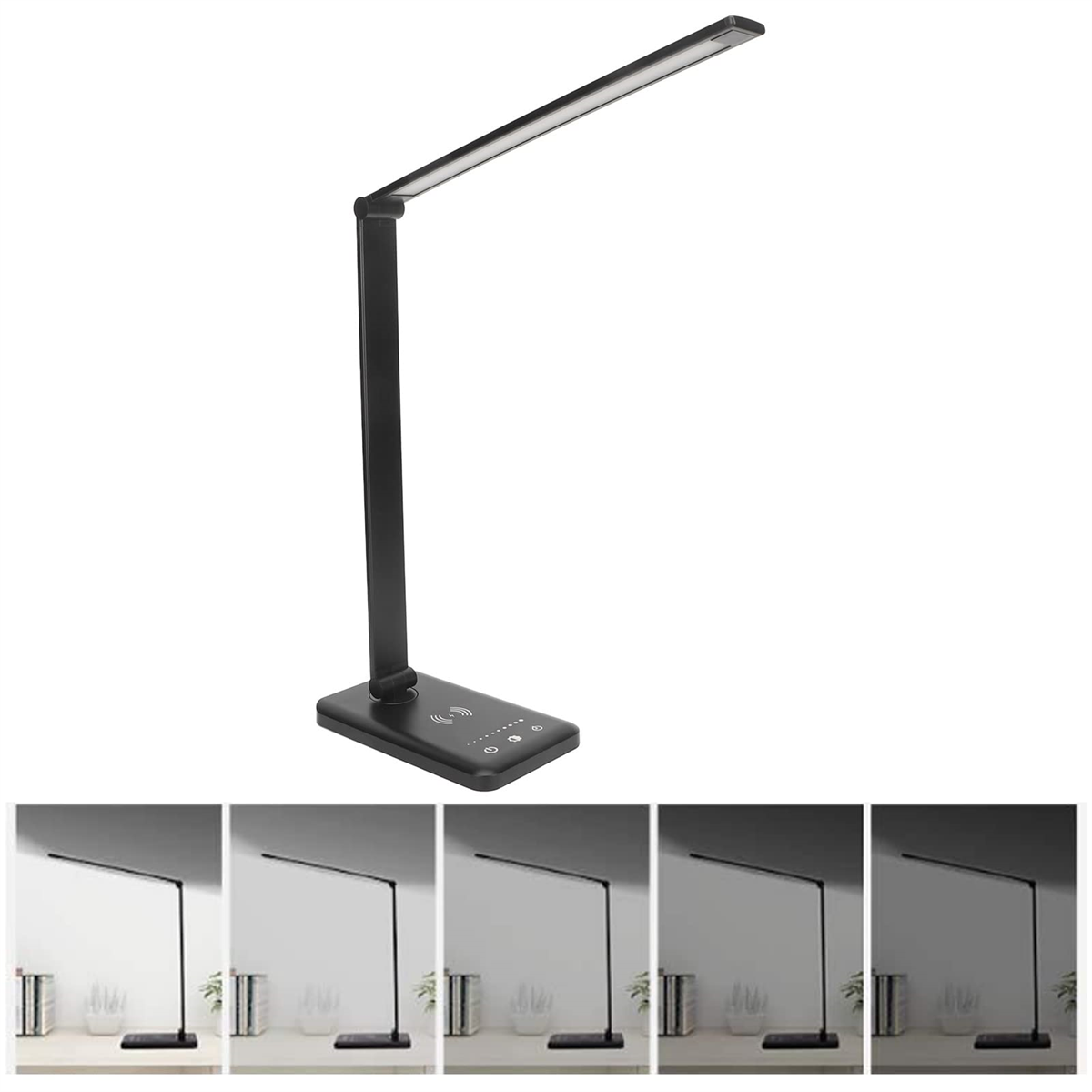 Schwarze Schreibtischlampe mit verstellbarem Arm und LED-Licht auf weißem Hintergrund.