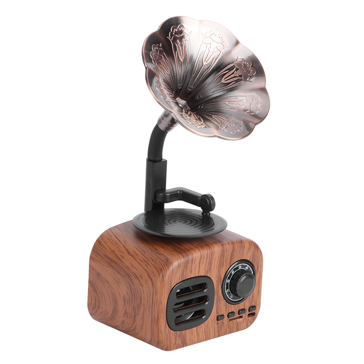 Ein Lautsprecher im Vintage-Stil aus Holz mit einem Kupferhorn.