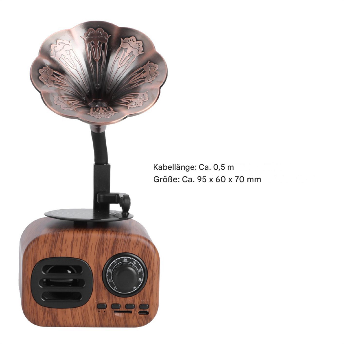 Ein Lautsprecher im Vintage-Stil mit blumenförmiger Oberseite. Der Lautsprecher ist aus Holz mit Bronzetrichter.