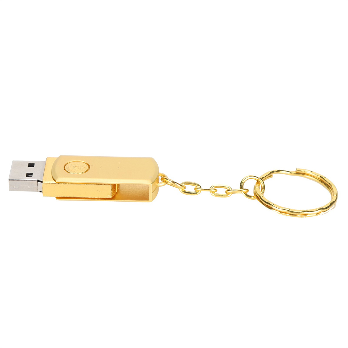 Goldener USB-Stick mit Kette und Schlüsselring. Weißer Hintergrund.
