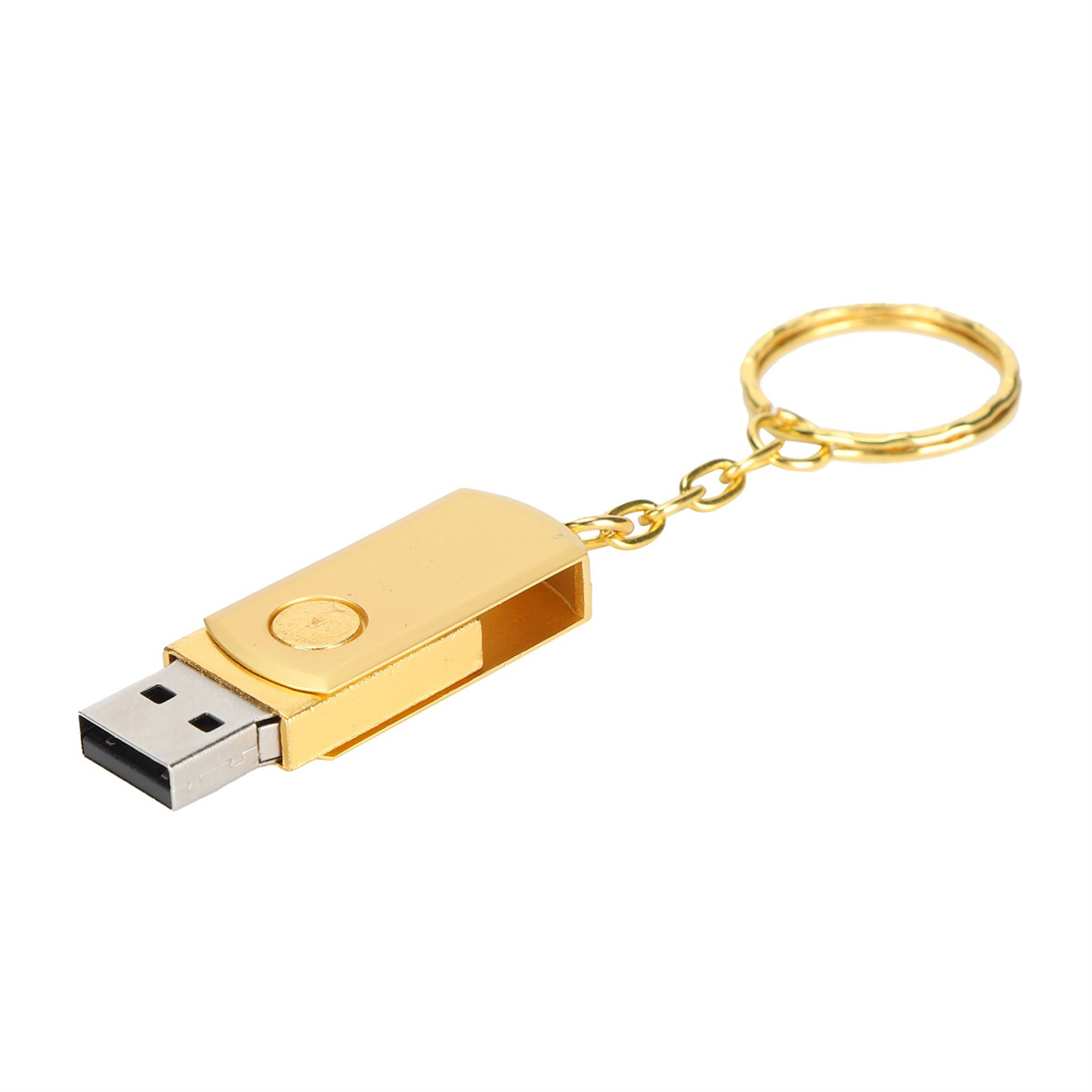 Ein goldener USB-Stick-Schlüsselanhänger auf weißem Hintergrund. Der USB-Stick befindet sich in einem Metallhalter.