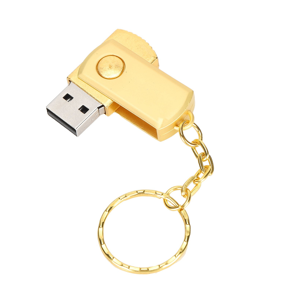 Goldener USB-Stick mit Schlüsselanhängerring, isoliert auf weißem Hintergrund.