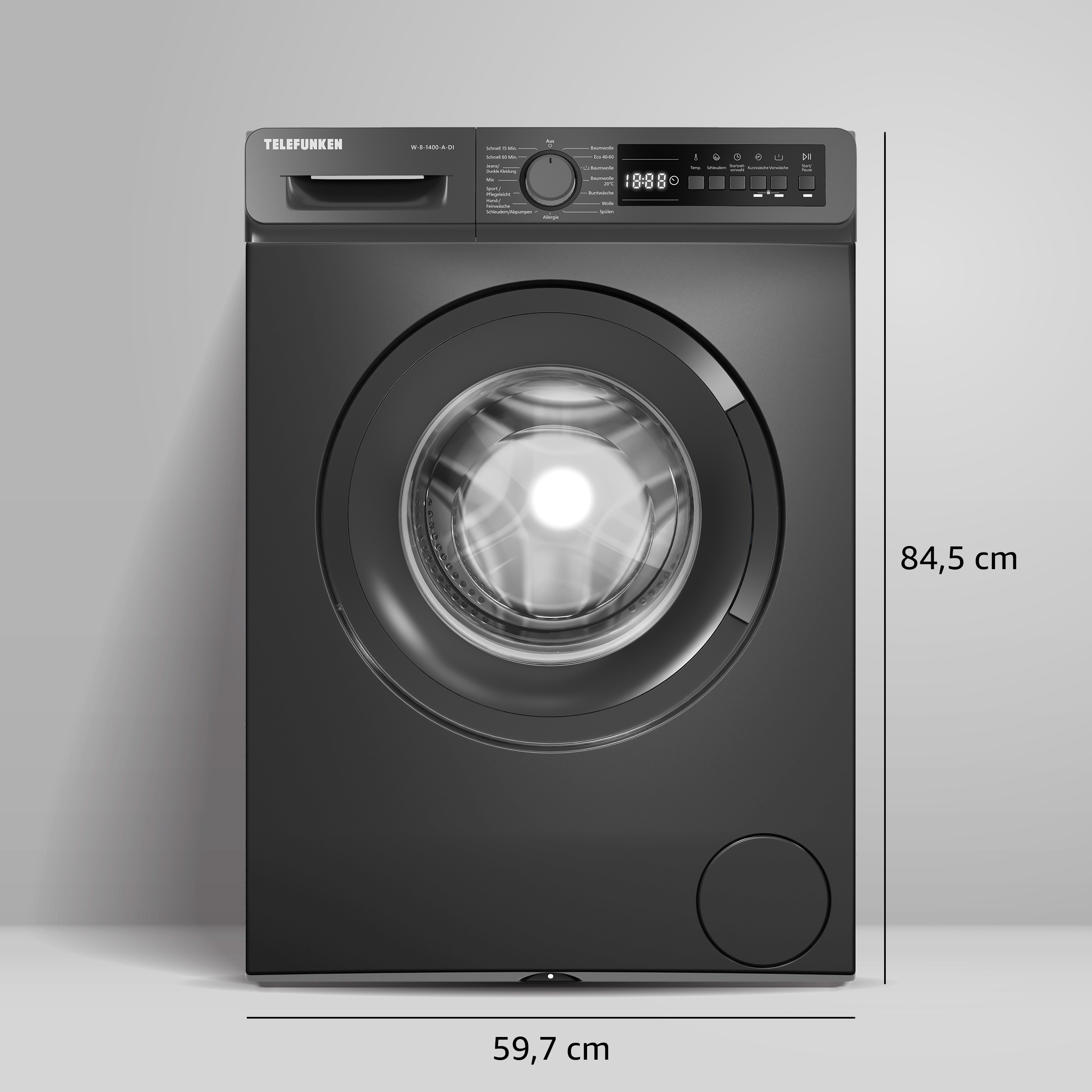 Schwarze Telefunken Waschmaschine. Display und Tür sichtbar. Maße: 59,7 cm breit, 84,5 cm hoch.