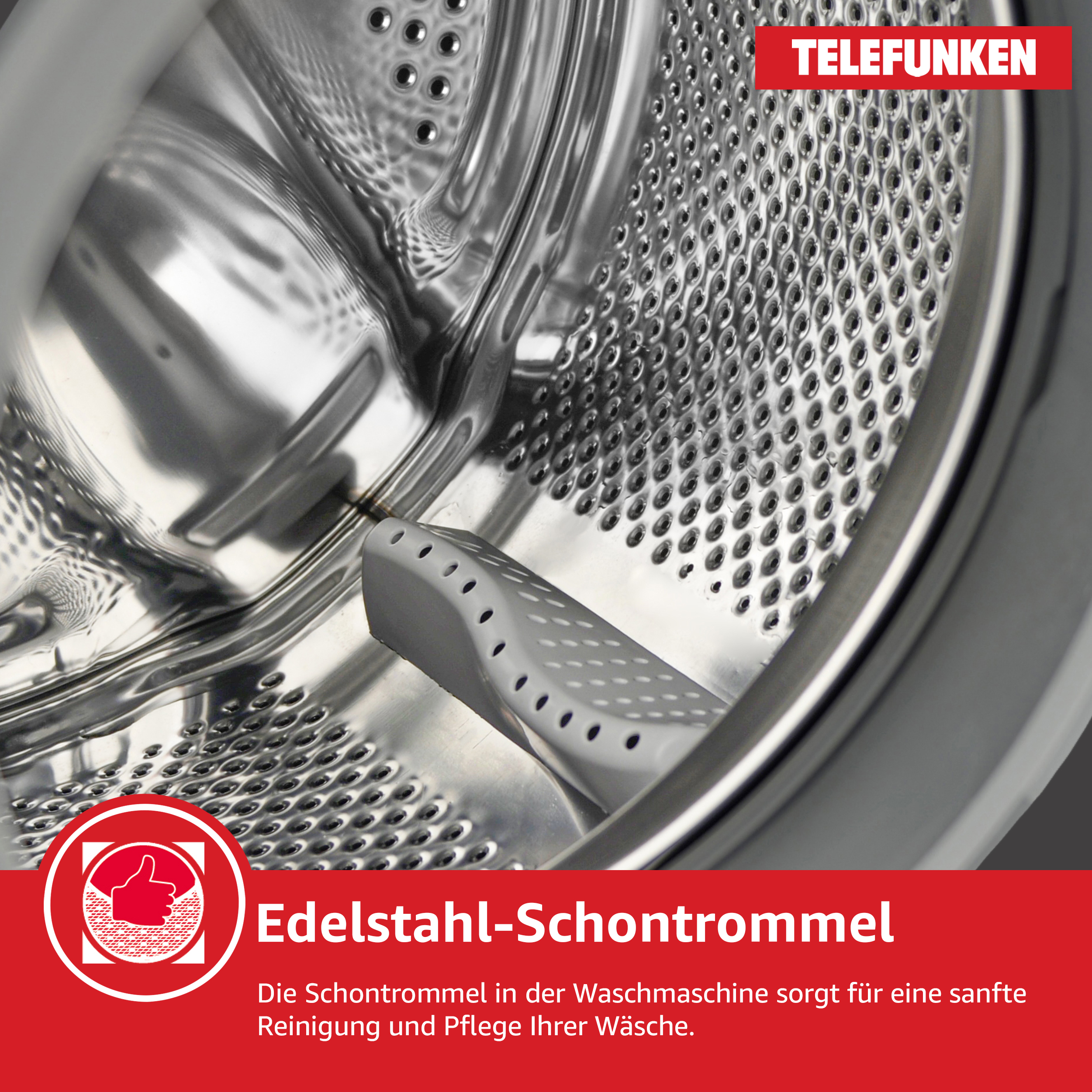 Nahaufnahme einer Waschmaschinentrommel mit Text auf Deutsch.