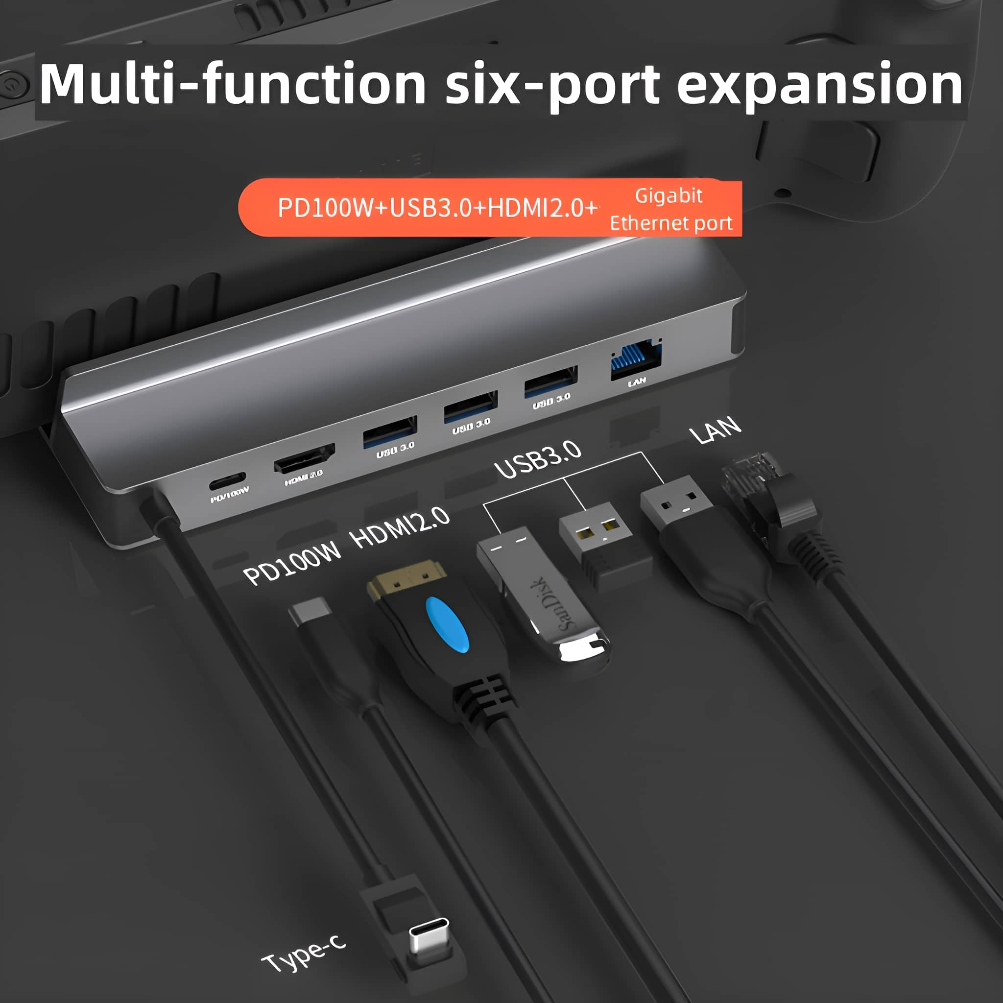 Multifunktions-Sechs-Port-Erweiterungsgerät mit mehreren USB- und HDMI-Anschlüssen.