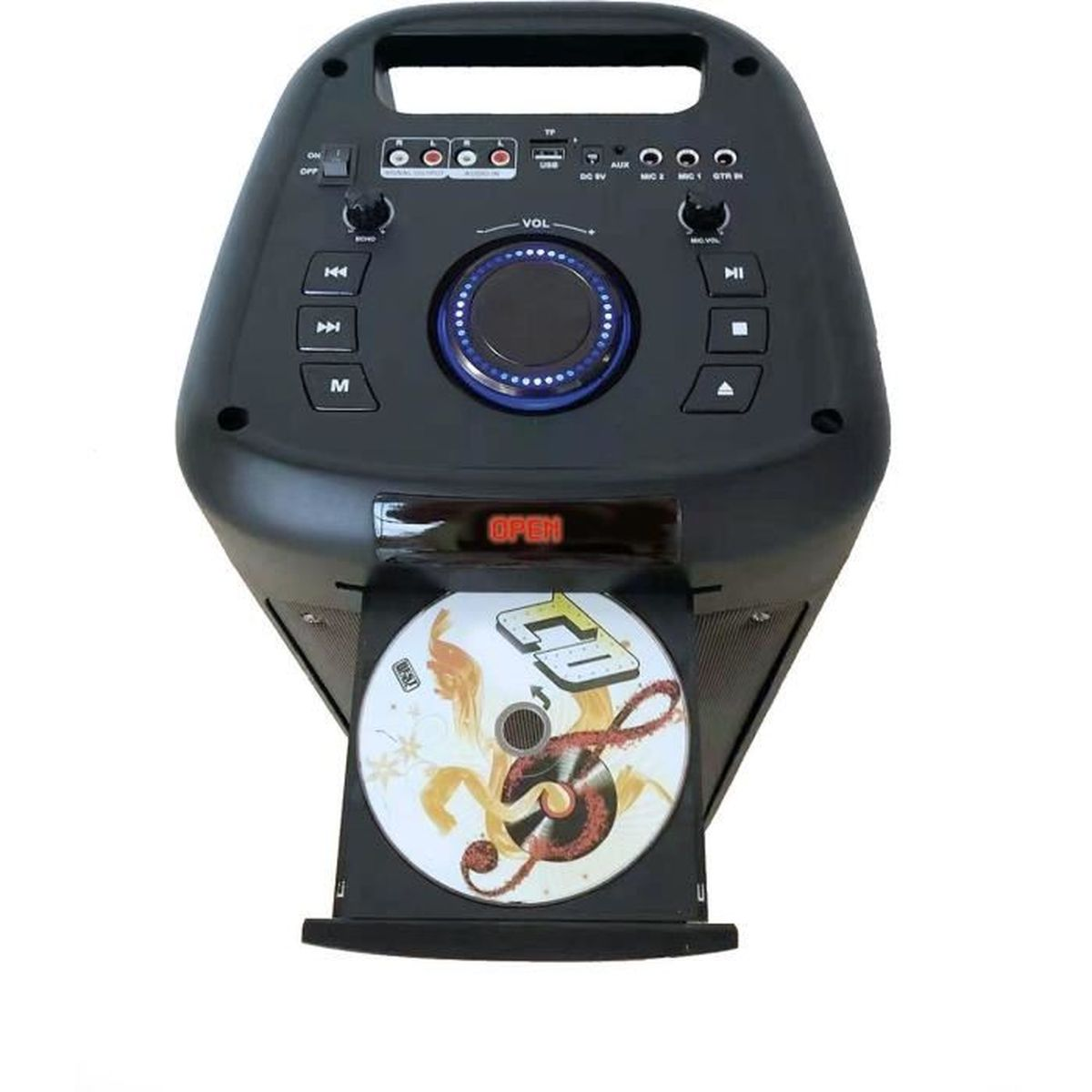 Schwarzer tragbarer Lautsprecher mit CD-Player, verschiedenen Tasten und Display 'OPEN', weißer Hintergrund.
