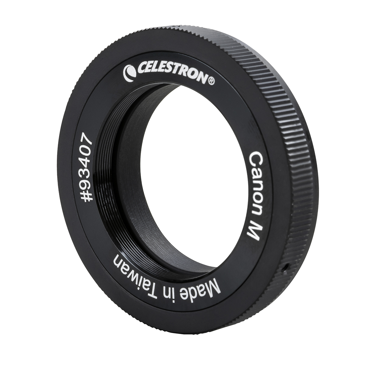 Schwarzer Canon M Kameraadapterring, beschriftet mit Text und Zahlen, mit weißem Hintergrund.