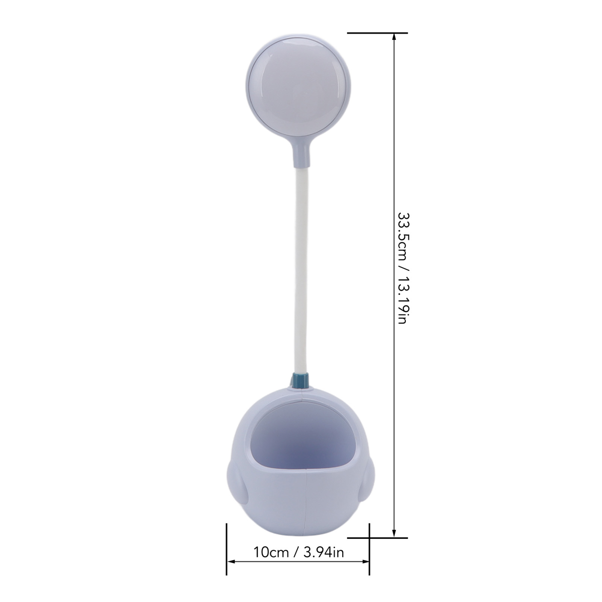 Eine hellblaue Lampe mit rundem Licht oben und einer becherartigen Basis. Maße sind angegeben.