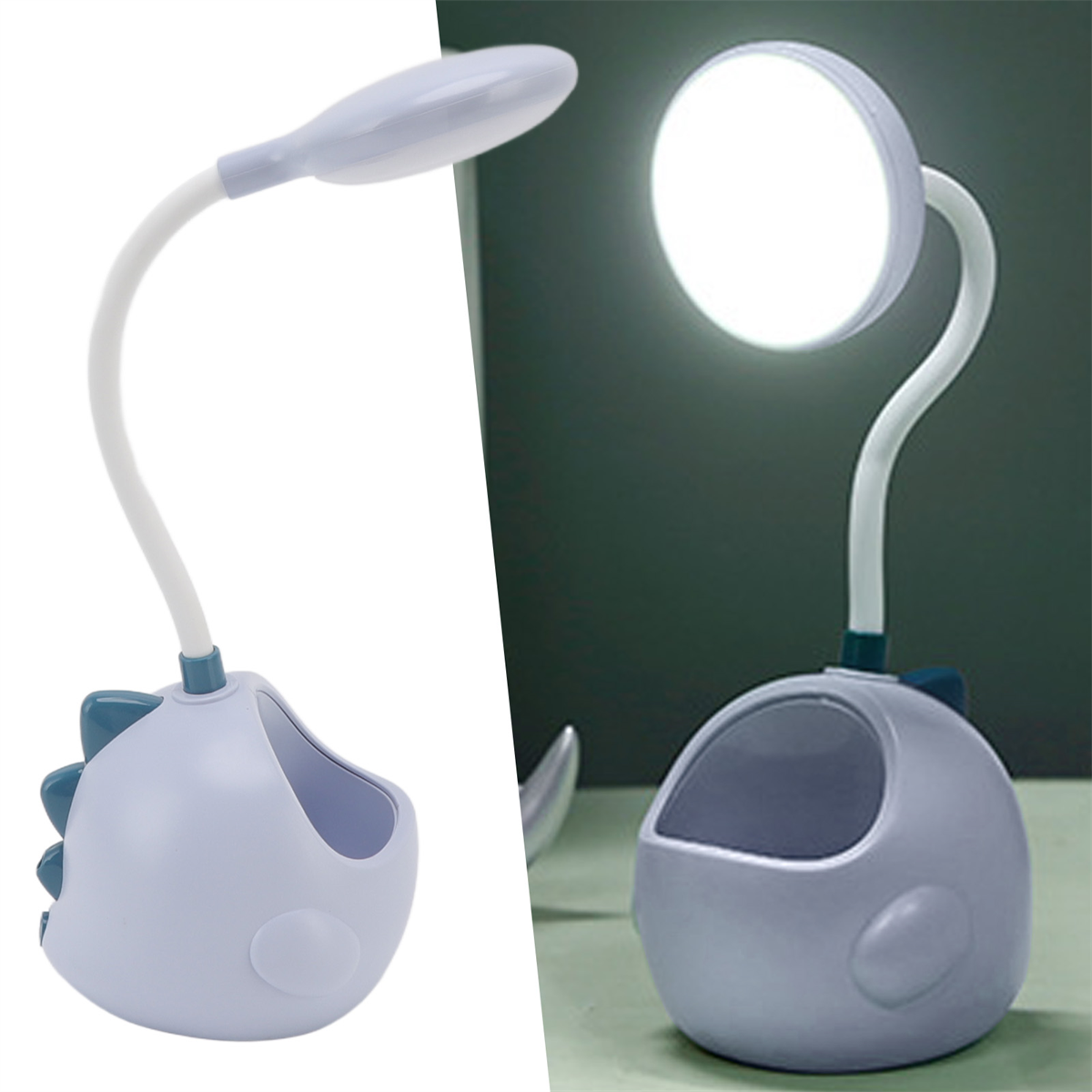 Eine Schreibtischlampe, eine Seite zeigt sie beleuchtet. Sie hat einen Dinosaurier-förmigen Sockel und flexiblen Hals.