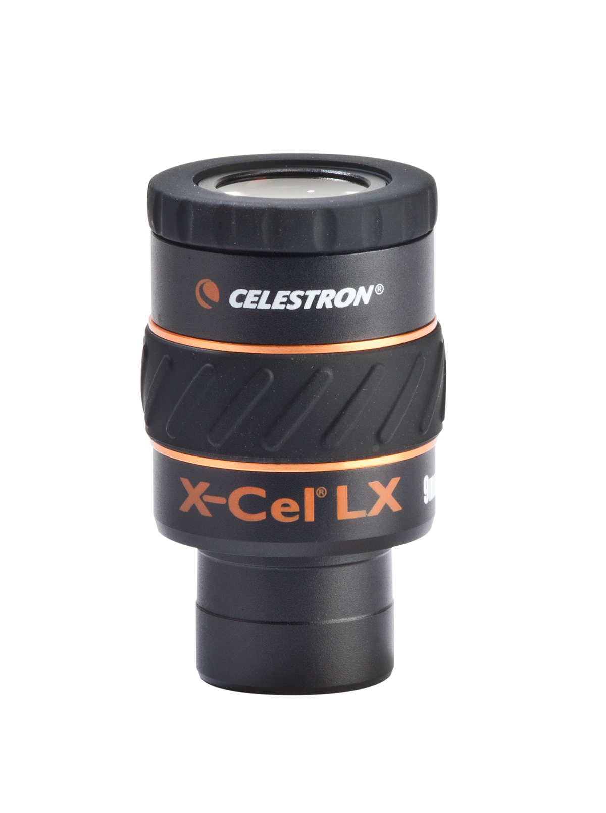 Schwarzes Celestron X-Cel LX 9mm Okular für ein Teleskop, mit orangefarbenen Akzenten und Text.