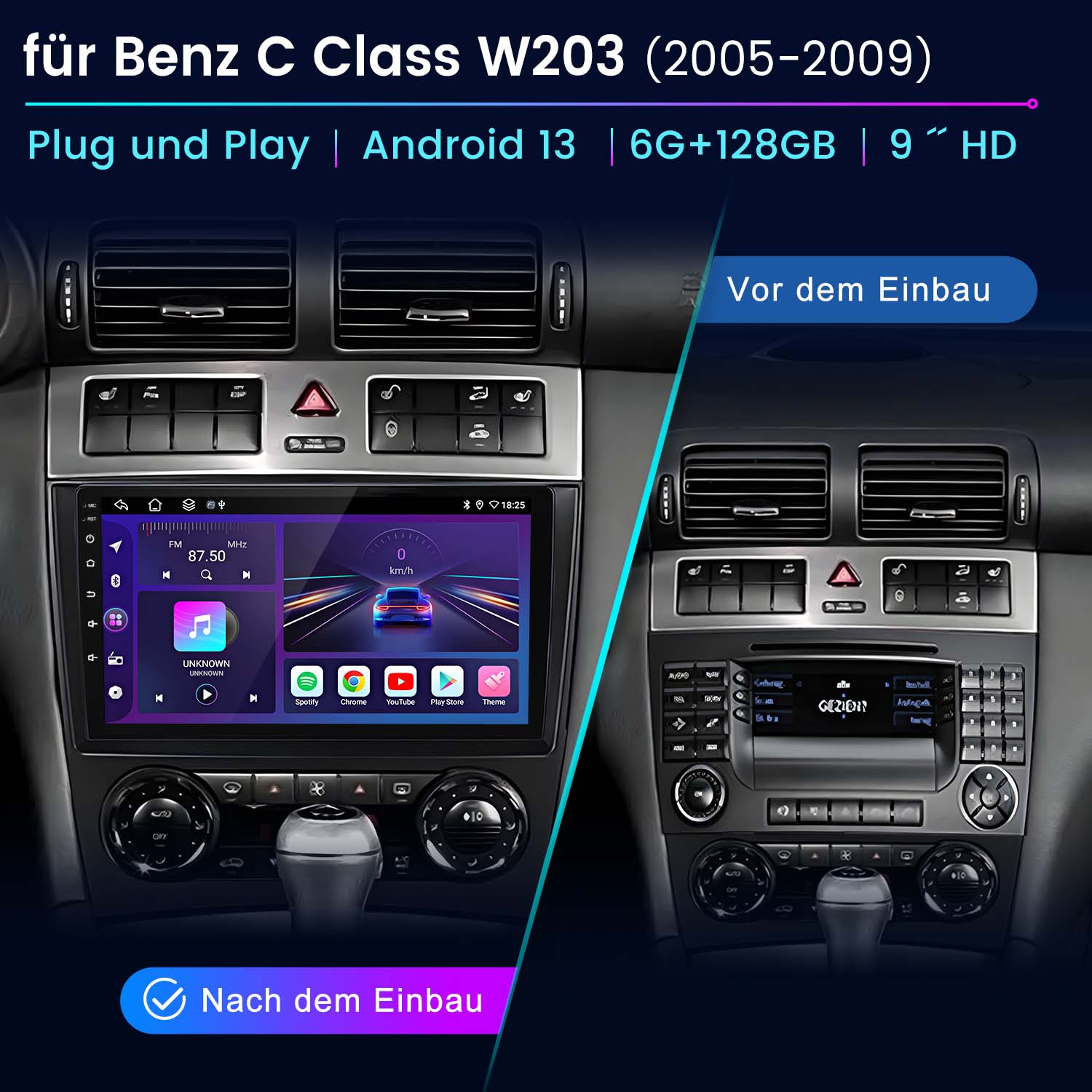 Armaturenbrett eines Autos mit neu installiertem Android-System. Zeigt Navigation und App-Symbole. Text ist deutsch.