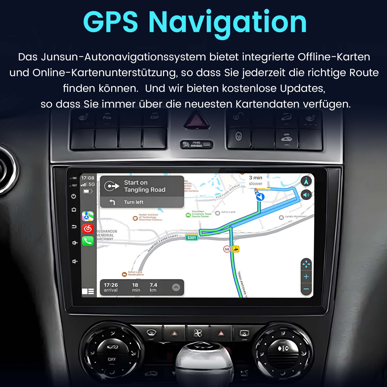 Auto-Armaturenbrett mit GPS-Navigation auf dem Bildschirm, zeigt eine Karte und Abbiegehinweise.