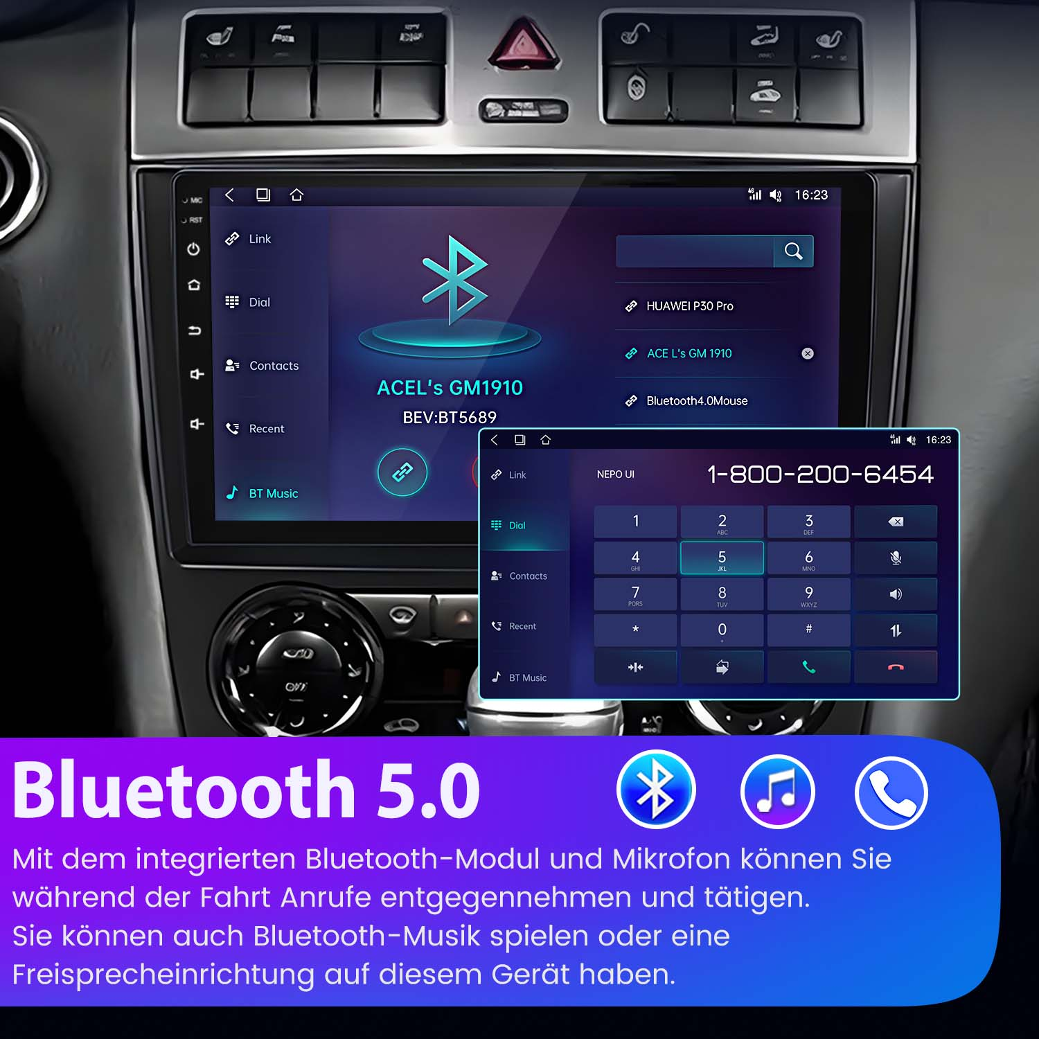 Auto-Multimedia-Systembildschirm mit Karte und Telefonschnittstelle. Zusätzliche Telefonschnittstelle in der Ecke.