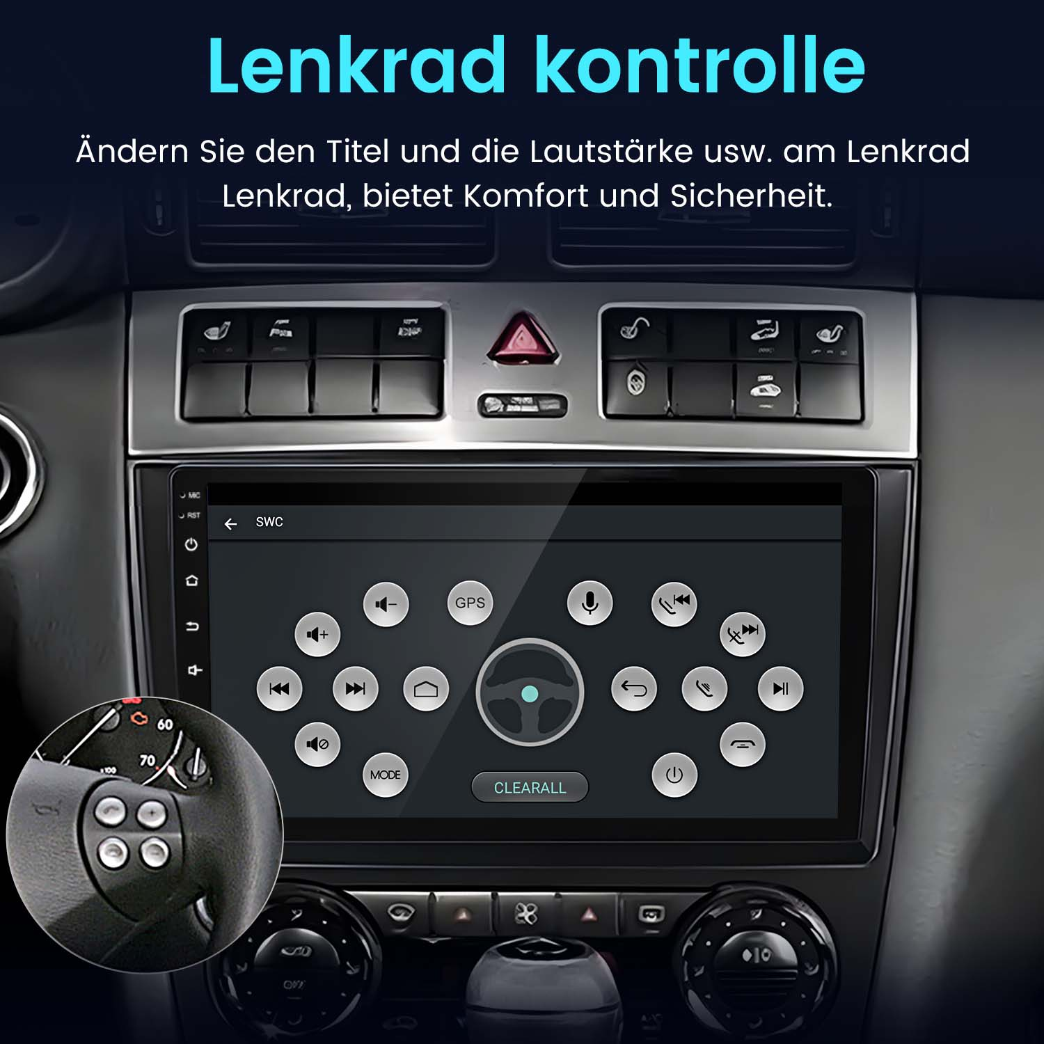 Armaturenbrett eines Autos mit Bildschirm und Lenkradbedienung, schwarzer Innenraum.