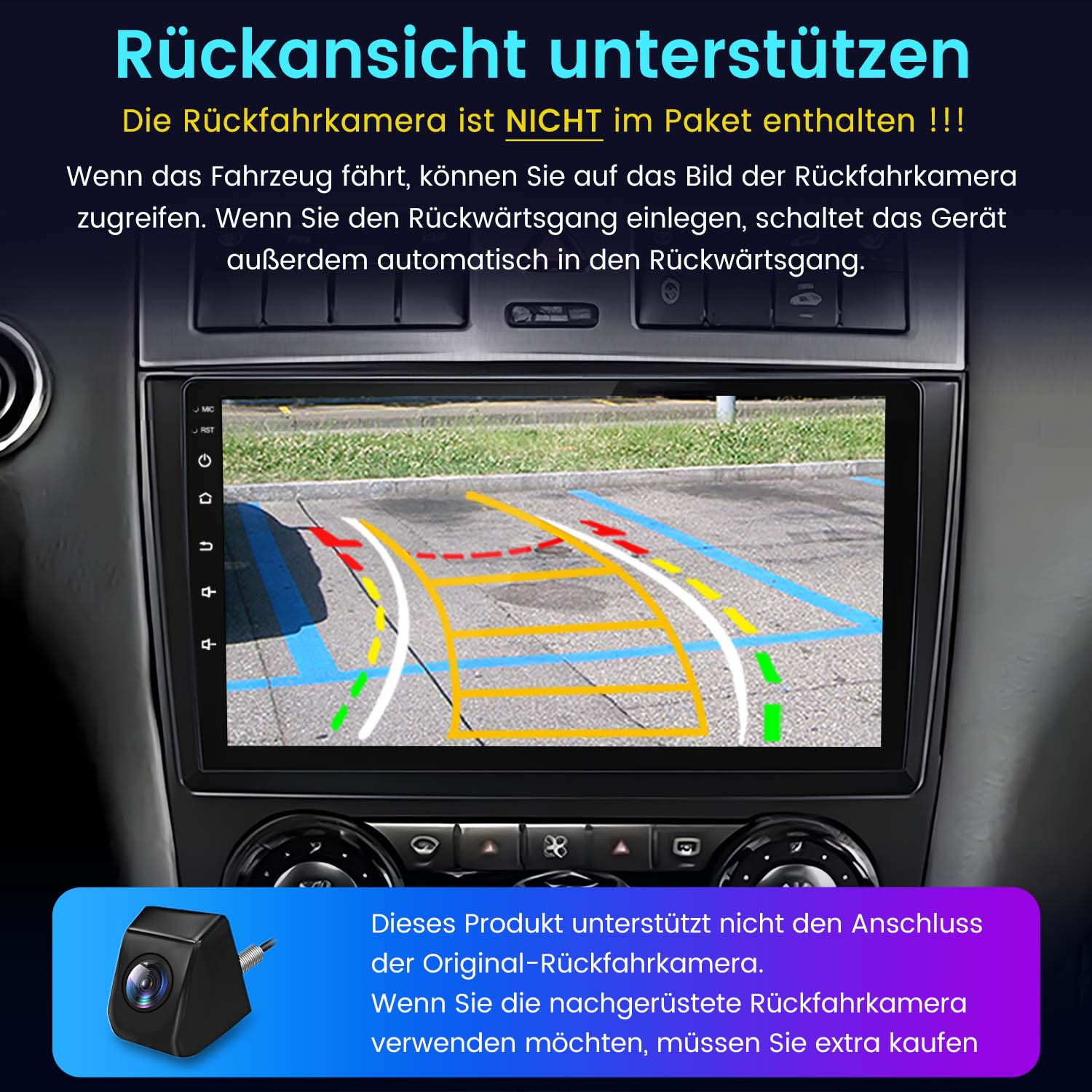 Bildschirm des Auto-Infotainment-Systems mit Rückfahrkamerabild. Unten links wird eine Kamera gezeigt.