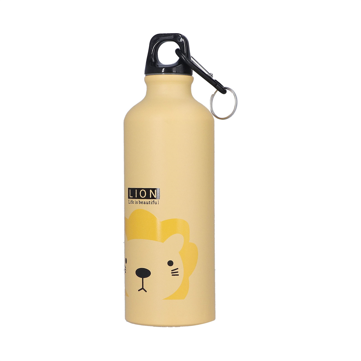Eine gelbe Wasserflasche mit einem Löwen-Cartoon darauf. Sie hat einen schwarzen Griff.