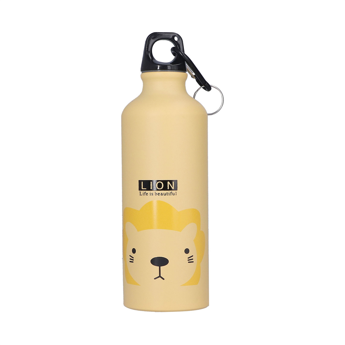 Eine gelbe Wasserflasche mit Löwengesicht, schwarzem Deckel und Karabiner.
