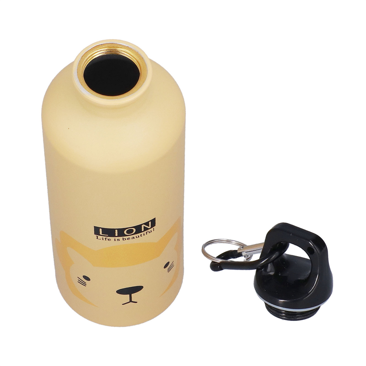 Eine beige Wasserflasche mit Löwen-Gesichtsillustration und schwarzem Deckel auf weißem Hintergrund.