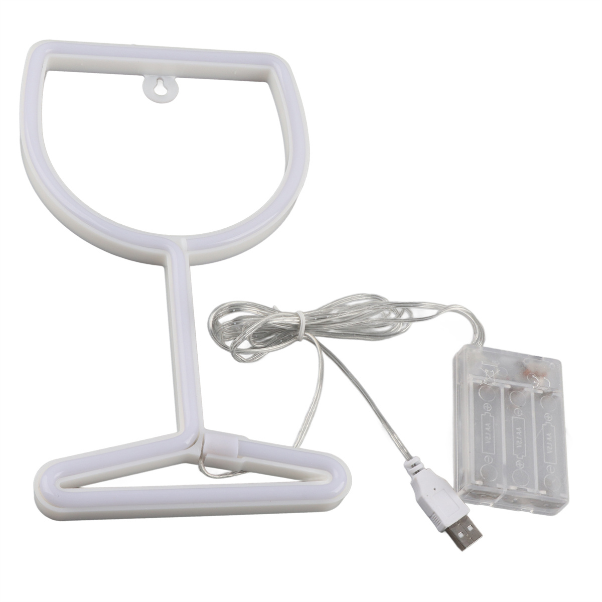 Eine weiße LED-Neon-Weinglasform mit Netzkabel und Batteriepack.