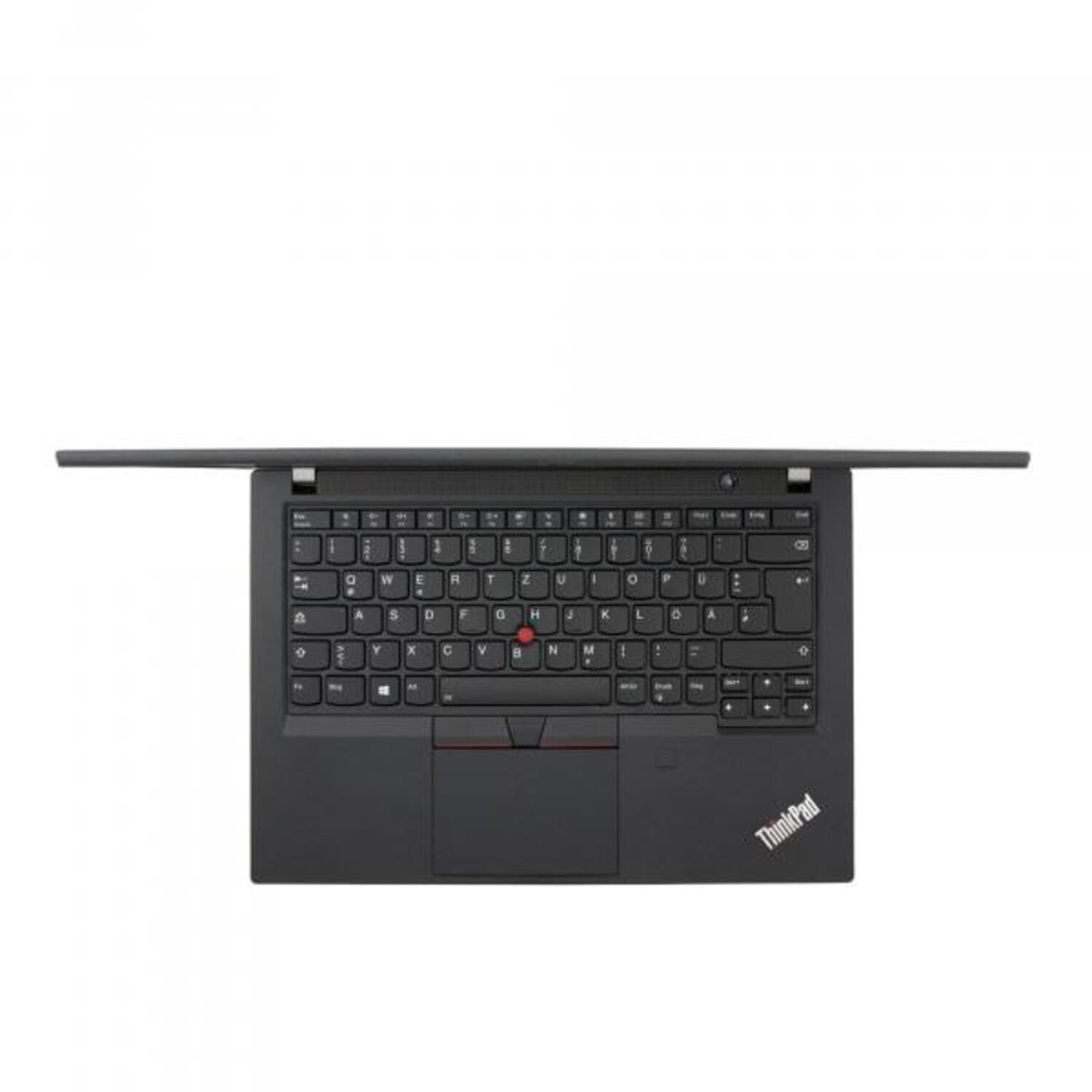 Ein schwarzes ThinkPad-Laptop mit offenem Bildschirm.