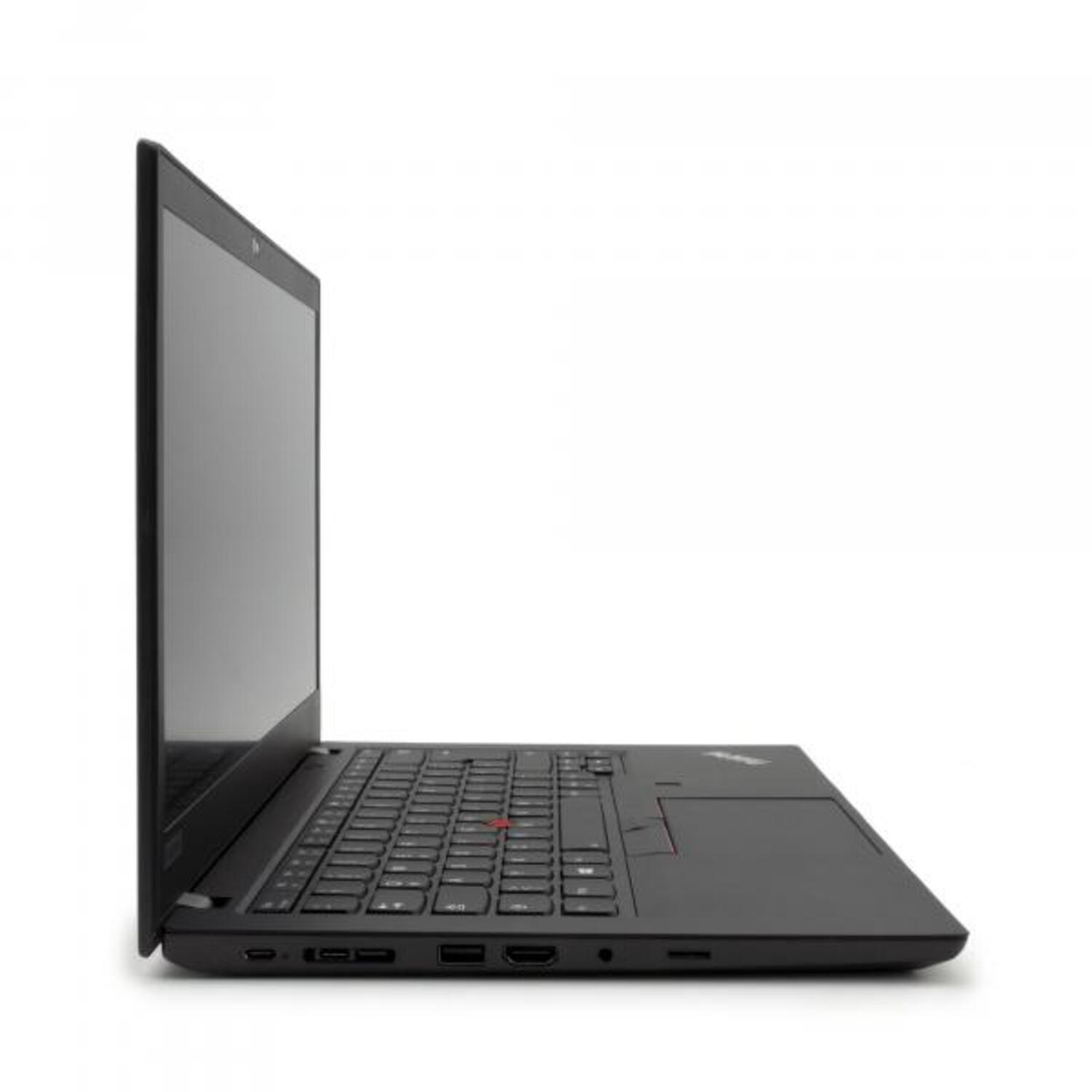 Schwarzer Laptop auf weißem Untergrund, geöffnet, um Tastatur, Touchpad und Bildschirm zu zeigen.