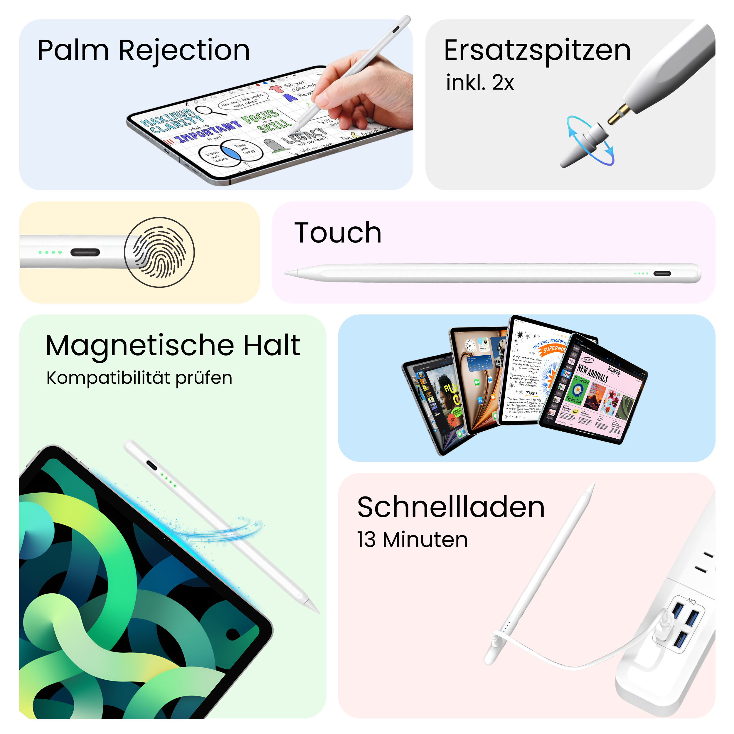 Ein weißer Eingabestift mit Handflächenerkennung, Touch- und Schnellladefunktionen und Zubehör.