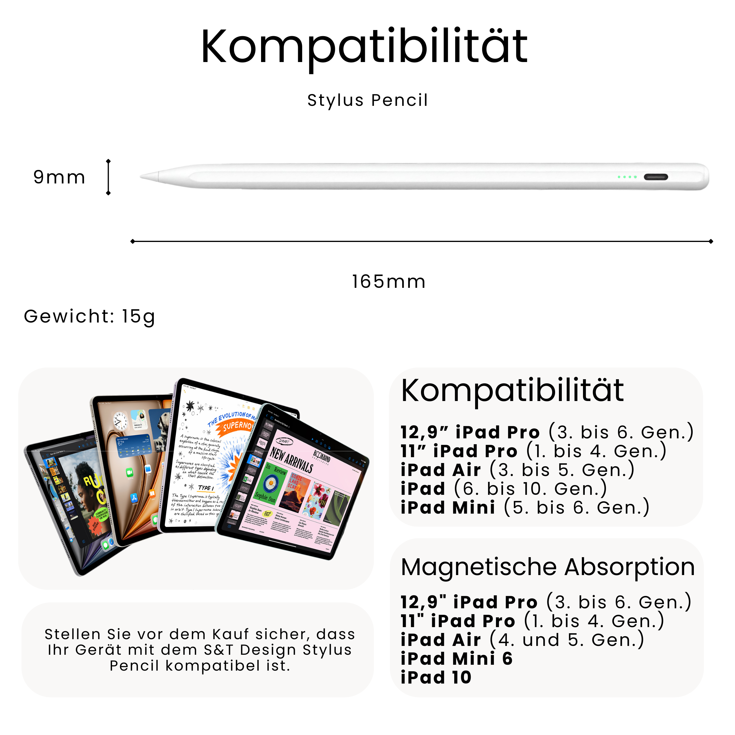 Stylus-Stift mit Spezifikationen, Kompatibilitätsinformationen und einer Tablet-Anzeige.