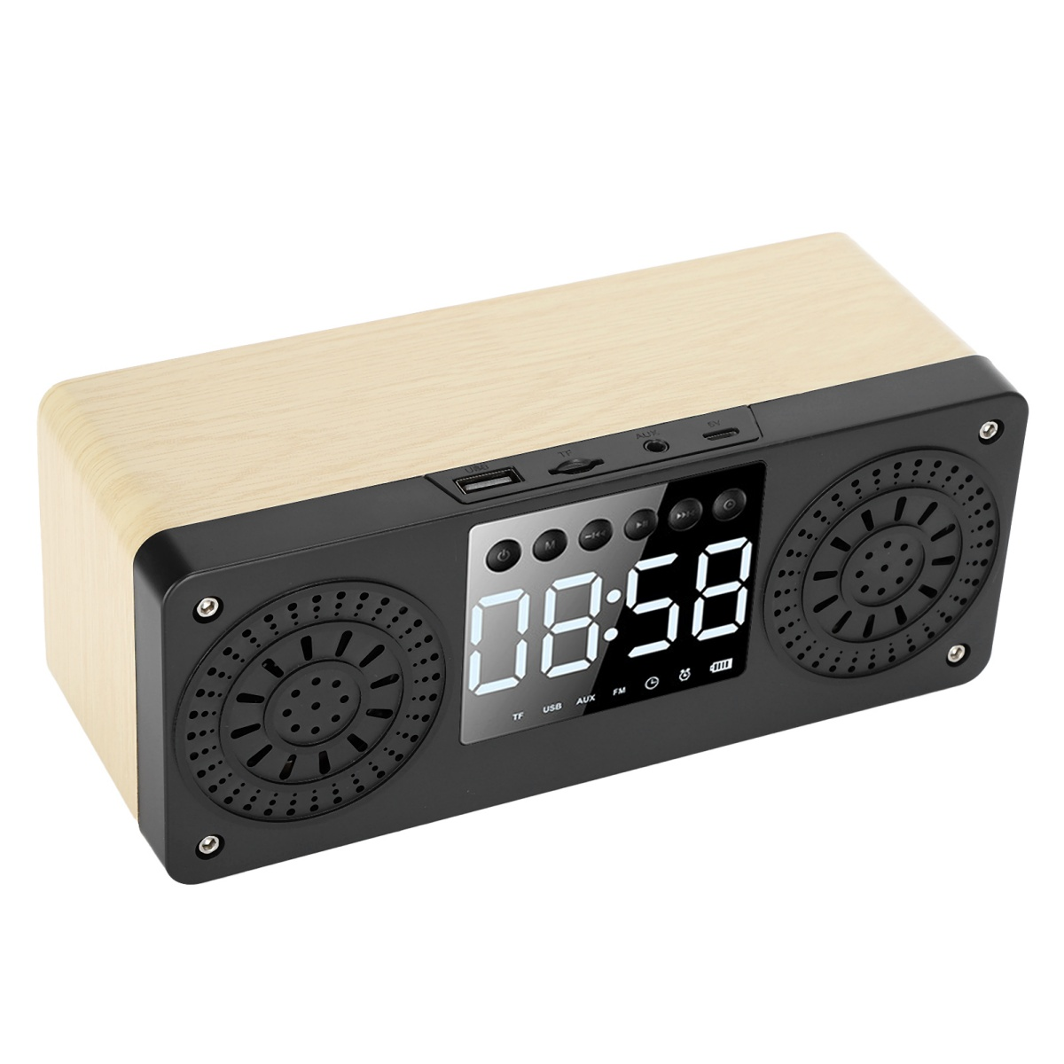 Lautsprecher aus Holz mit Digitaluhr, die 08:58 anzeigt, und verschiedenen Tasten.