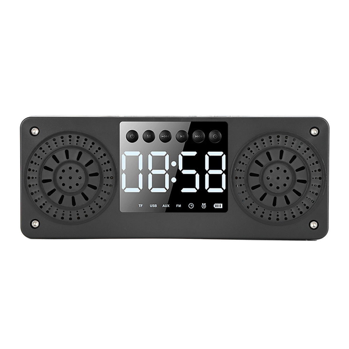 Schwarzes Digitaluhrradio mit Lautsprechern. Das Display zeigt die Uhrzeit, darunter Steuertasten.