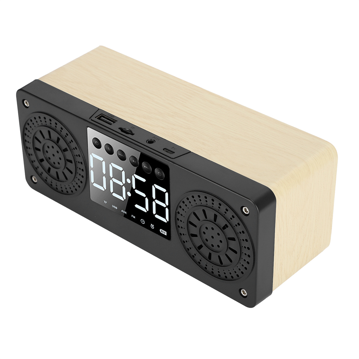 Holzlautsprecher mit Digitaluhr. Die Uhr zeigt 08:58 an. Der Lautsprecher hat eine schwarze Frontplatte.