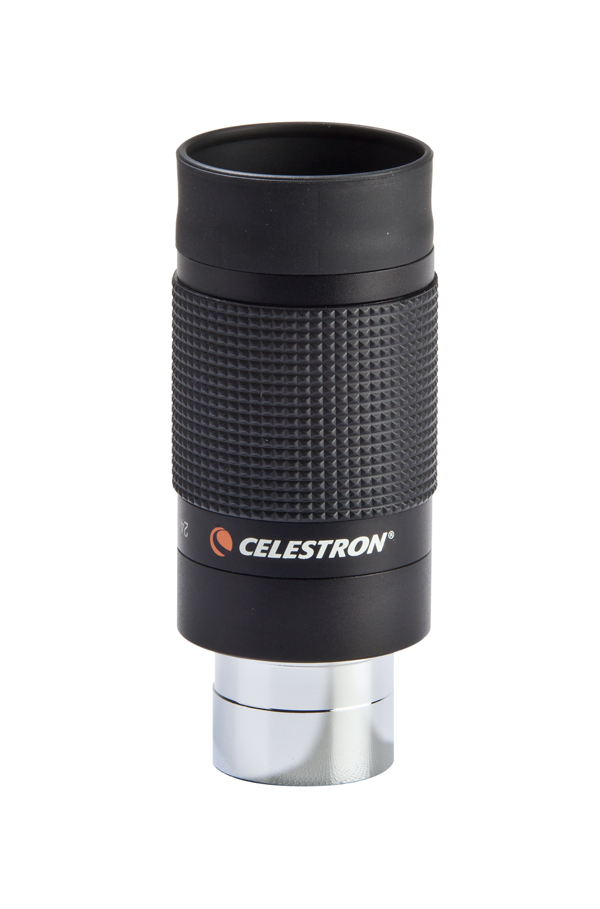 Ein schwarzes Celestron Teleskop Okular, mit strukturierter Griff und Celestron Logo.