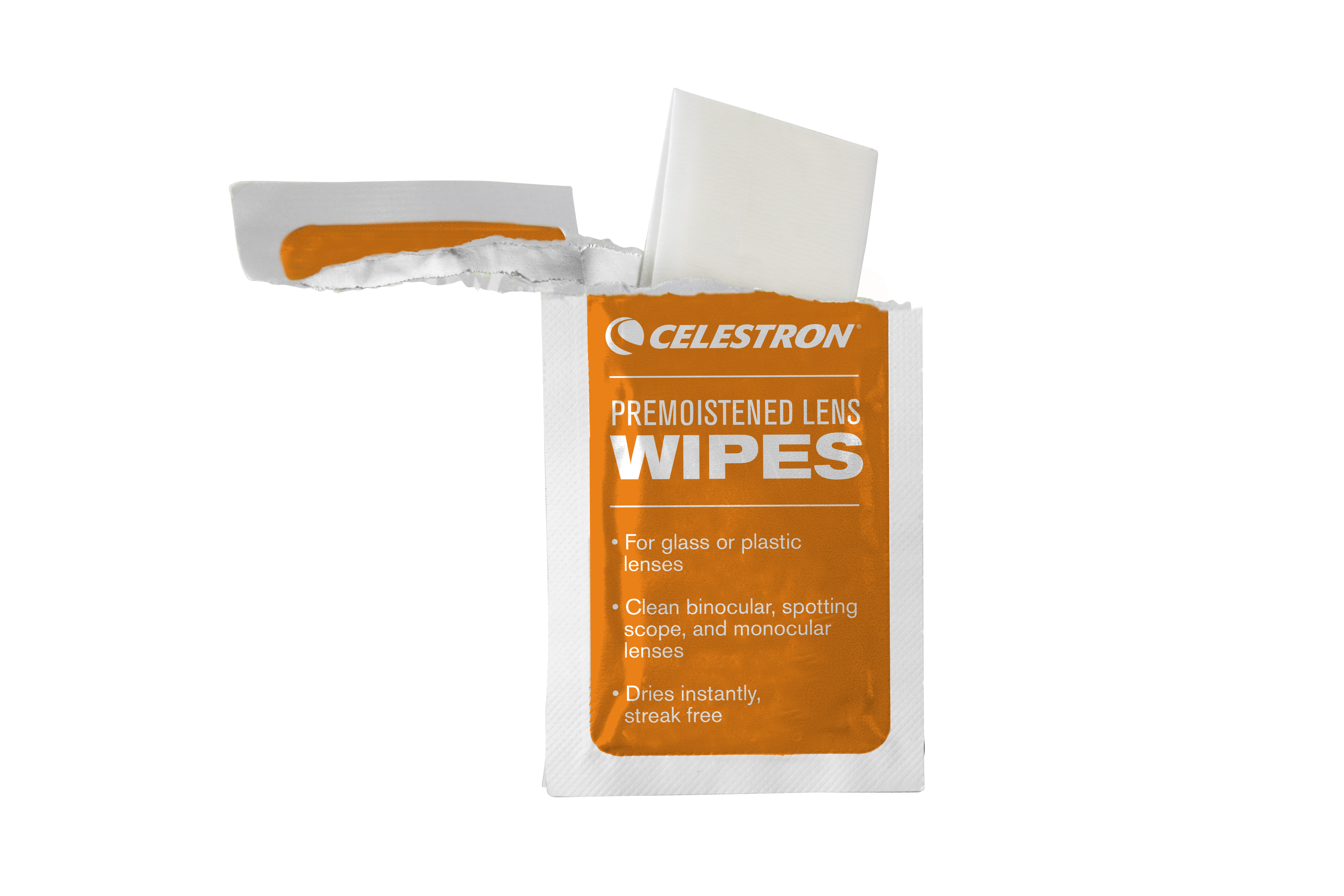 Ein weißes und orangefarbenes Päckchen mit Linsenwischtüchern. Text: PREMOISTENED LENS WIPES.