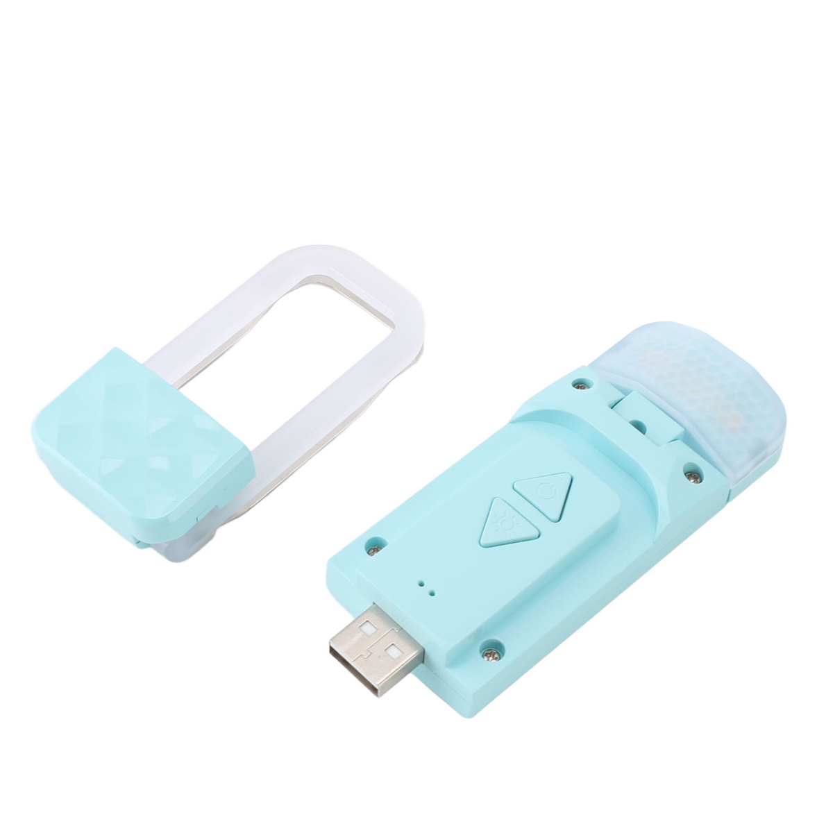 Ein türkis farbenes USB-Ladegerät mit abnehmbarem Schloss.