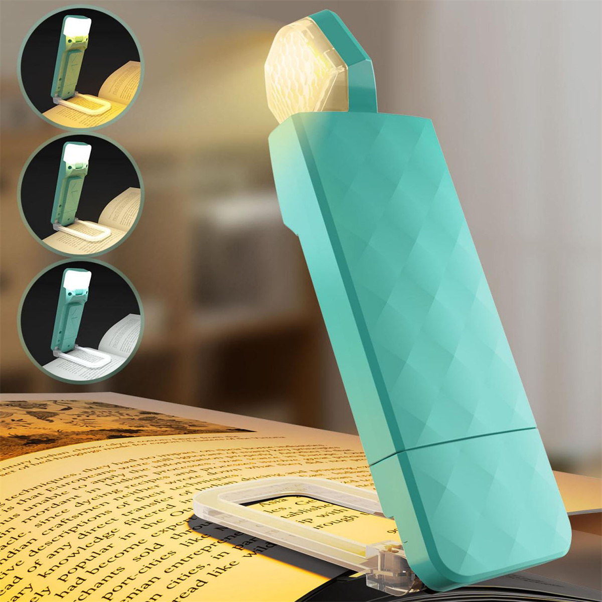 Eine Buchlampe auf einem Buch, mit drei Lichteinstellungen, die verschiedene Lichttemperaturen zeigen.